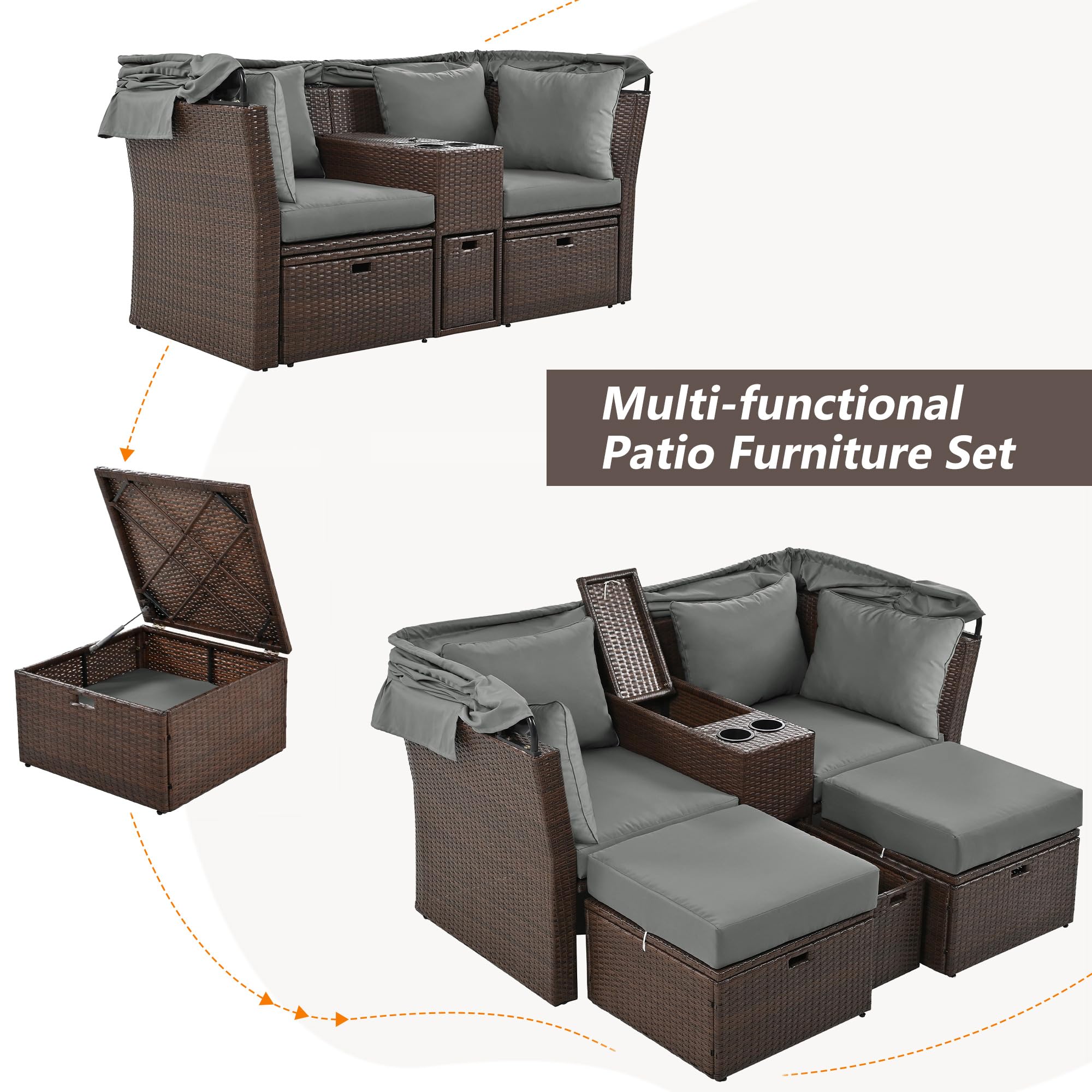 P PURLOVE Outdoor Loveseat Chaise Lounge with Canopy - 2-Seater Patio Double Daybed with Foldable Awning & Cushions - Water-Resistant Grey Outdoor Sofa Set for Garden, Backyard, Poolside & Patio Relaxation