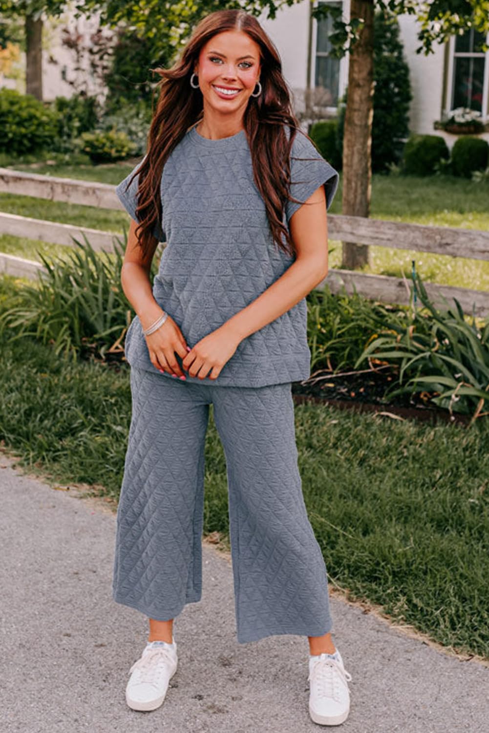 LEMAFER Women's Quilted Short Sleeve Wide Leg Pants Set - Casual Solid Round Neck Pullover Tops for Fall | Trendy Outfit for Work, Travel & Daily Wear