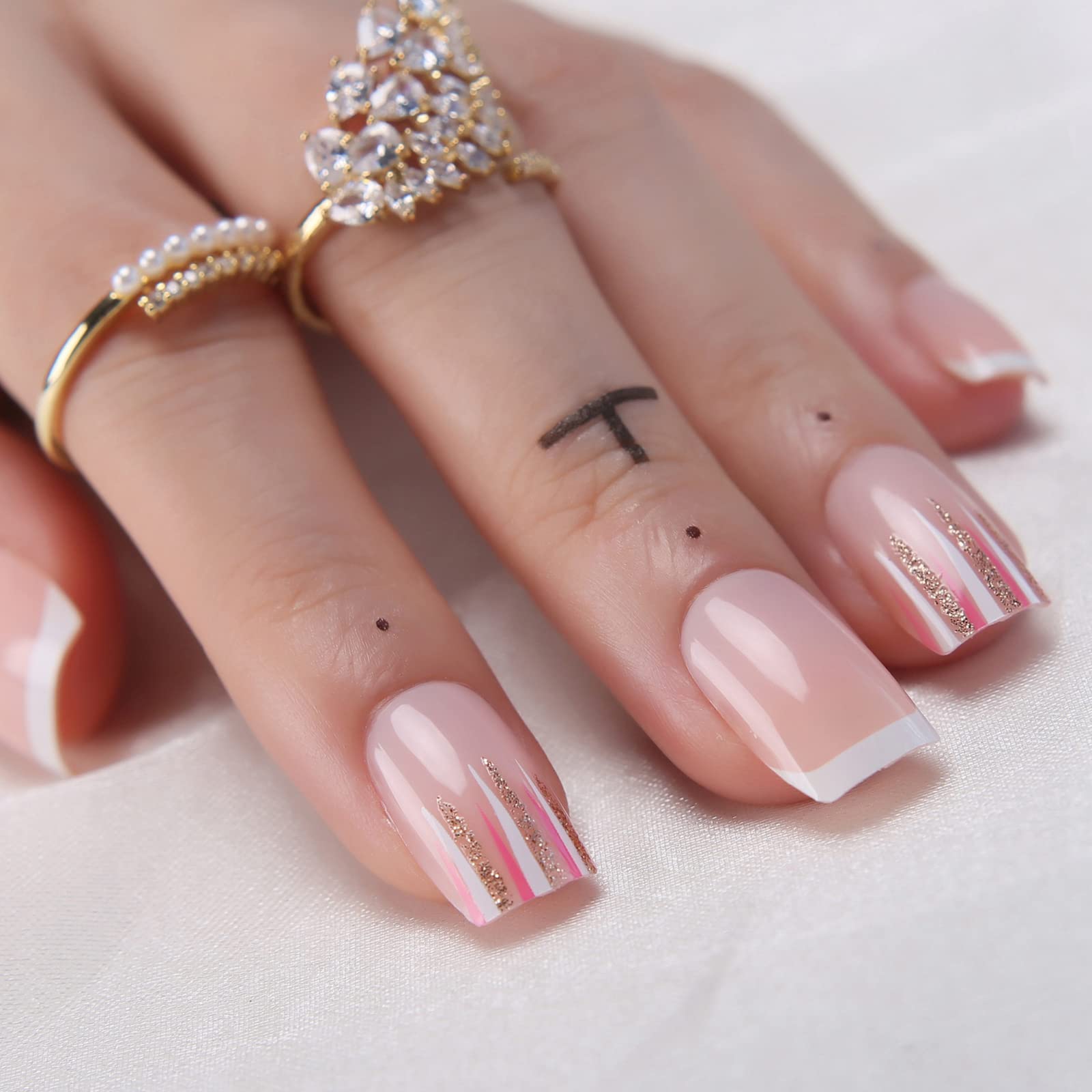Nude Pink French Press On Nails - Short Square Fake Nails with White, Red & Gold Glitter Design - 36pcs Full Cover Glossy False Nails for Women & Girls - Perfect for Parties, Weddings, and Everyday Wear