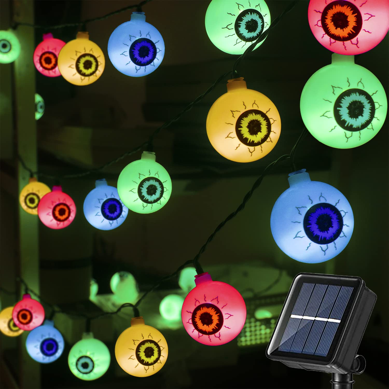Solar Halloween Eyeball String Lights Outdoor - 30 LED Scary Eyeball Lights with 8 Lighting Modes, 21ft Waterproof Halloween Decorations for Garden, Window, Porch - Perfect for Halloween Party, Yard Decor & Spooky Nighttime Ambiance