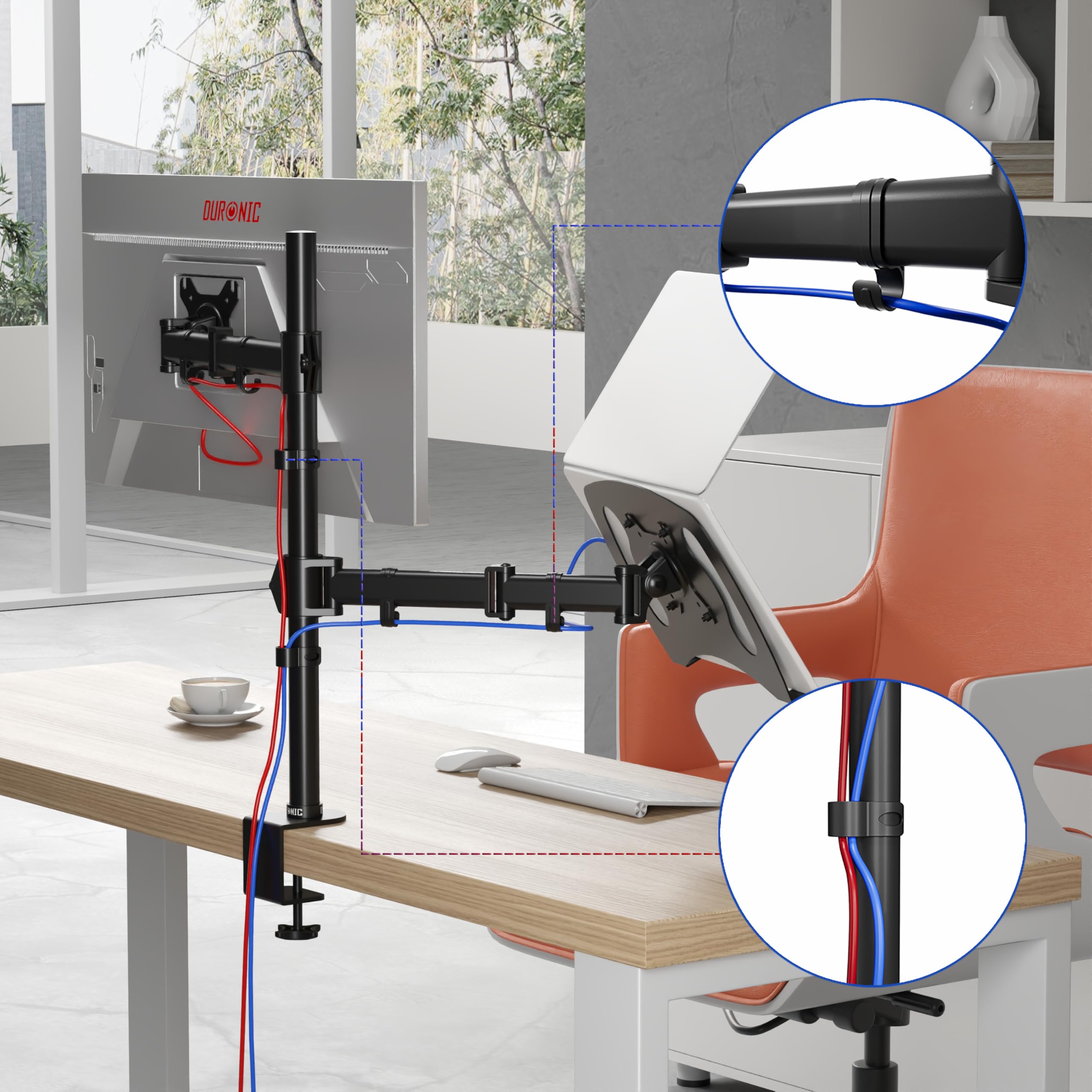 Duronic DM25L1X1 Single Monitor Stand - Adjustable Dual Arm Desk Mount for 13-27 inch LCD/LED Screens, Laptops & TVs | VESA 75/100 Compatible | 360° Rotation, 180° Swivel, -90° to +35° Tilt | Perfect for Home Office, Gaming & Workspace Setup