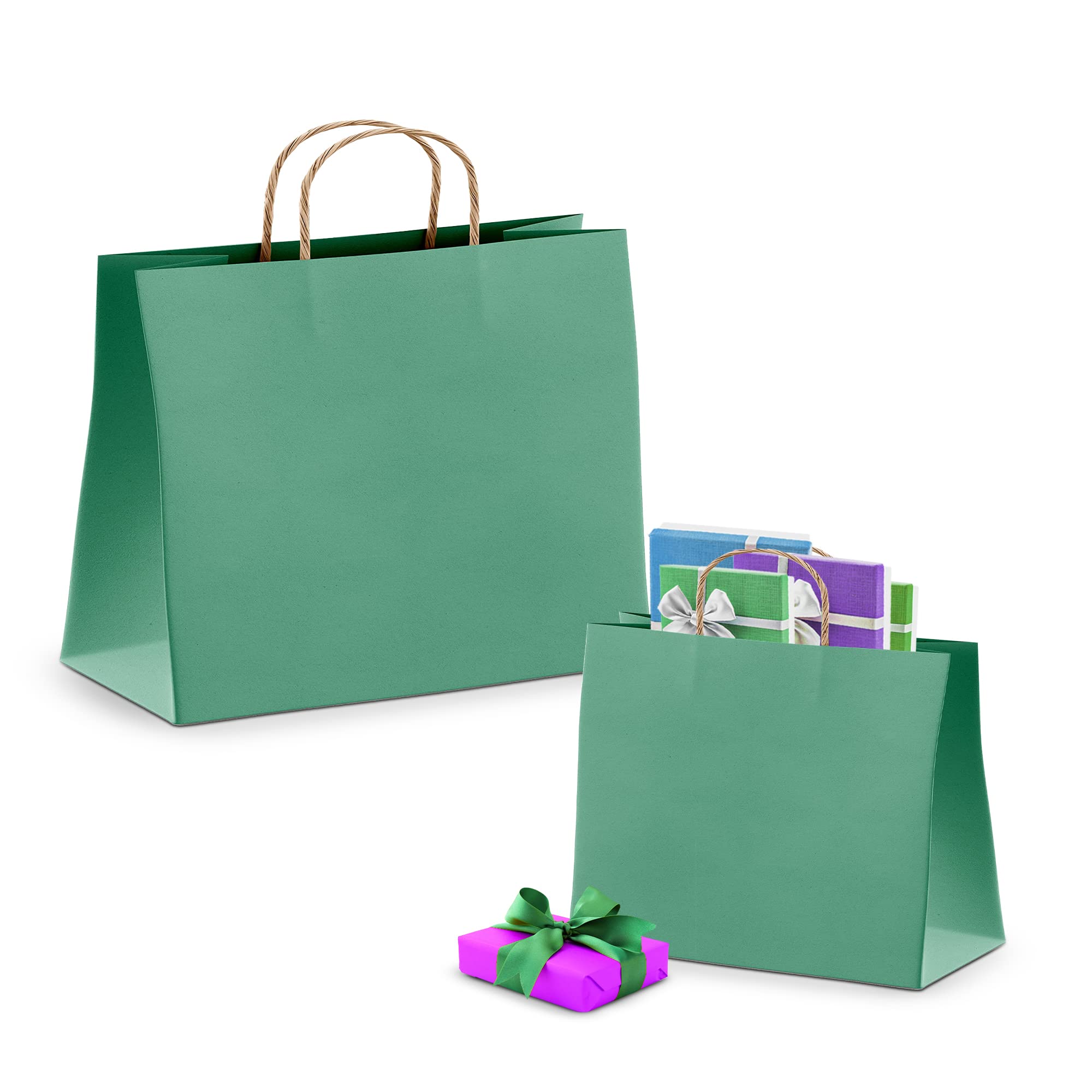 Amiff 50-Pack Teal Kraft Paper Shopping Bags with Handles 16x6x12 Inches - 150 GSM Eco-Friendly Gift Bags Bulk for Retail, Parties, and Events