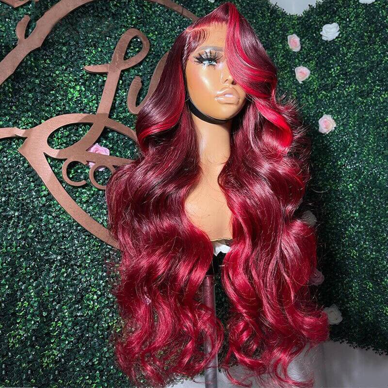 Eullair Burgundy Red Highlight Body Wave Human Hair Wig with Skunk Stripe & Transparent Lace Front - Perfect for Cosplay, Parties, and Daily Styling