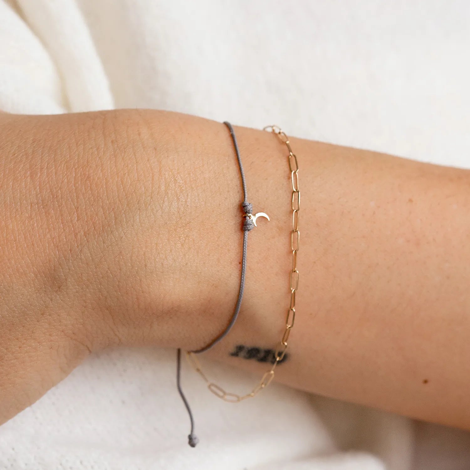10K Yellow Gold Moon Phases Cord Bracelet - Grey Adjustable String for Meditation, Yoga & Spiritual Healing | Zodiac Jewelry Gift for Women