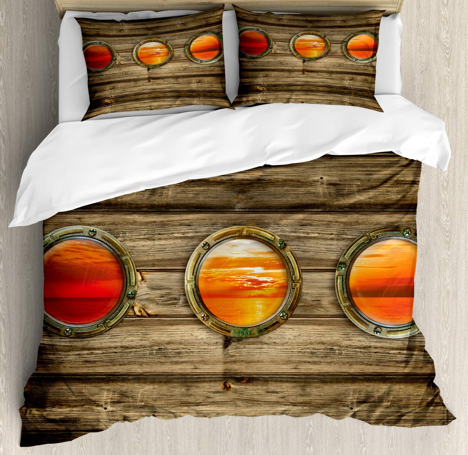 Ambesonne Nautical Duvet Cover Set - King Size 3 Piece Bedding with Rustic Wooden Ship Design, Orange Ocean Sunset Scenes & Oval Windows - Includes 2 Pillow Shams - Perfect for Coastal, Beach House or Sailor Themed Bedroom Decor
