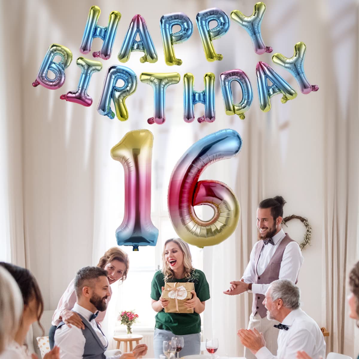 Birbirth 40 Inch Happy Birthday Number 16 Banner Balloons - Rainbow Gradient Foil Balloon Letters for Girls & Boys 16th Birthday Party Decorations - Perfect for Birthday Backdrops, Photo Booths & Celebration Decor