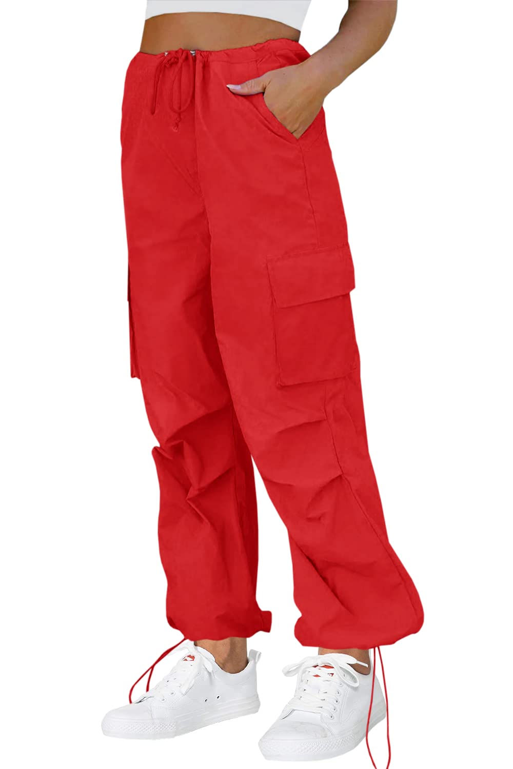 ReachMe Women's High Waisted Cargo Pants - Y2K Baggy Wide Leg Tactical Parachute Pants with Multiple Pockets (Red, Large) | Streetwear Fashion & Outdoor Adventure