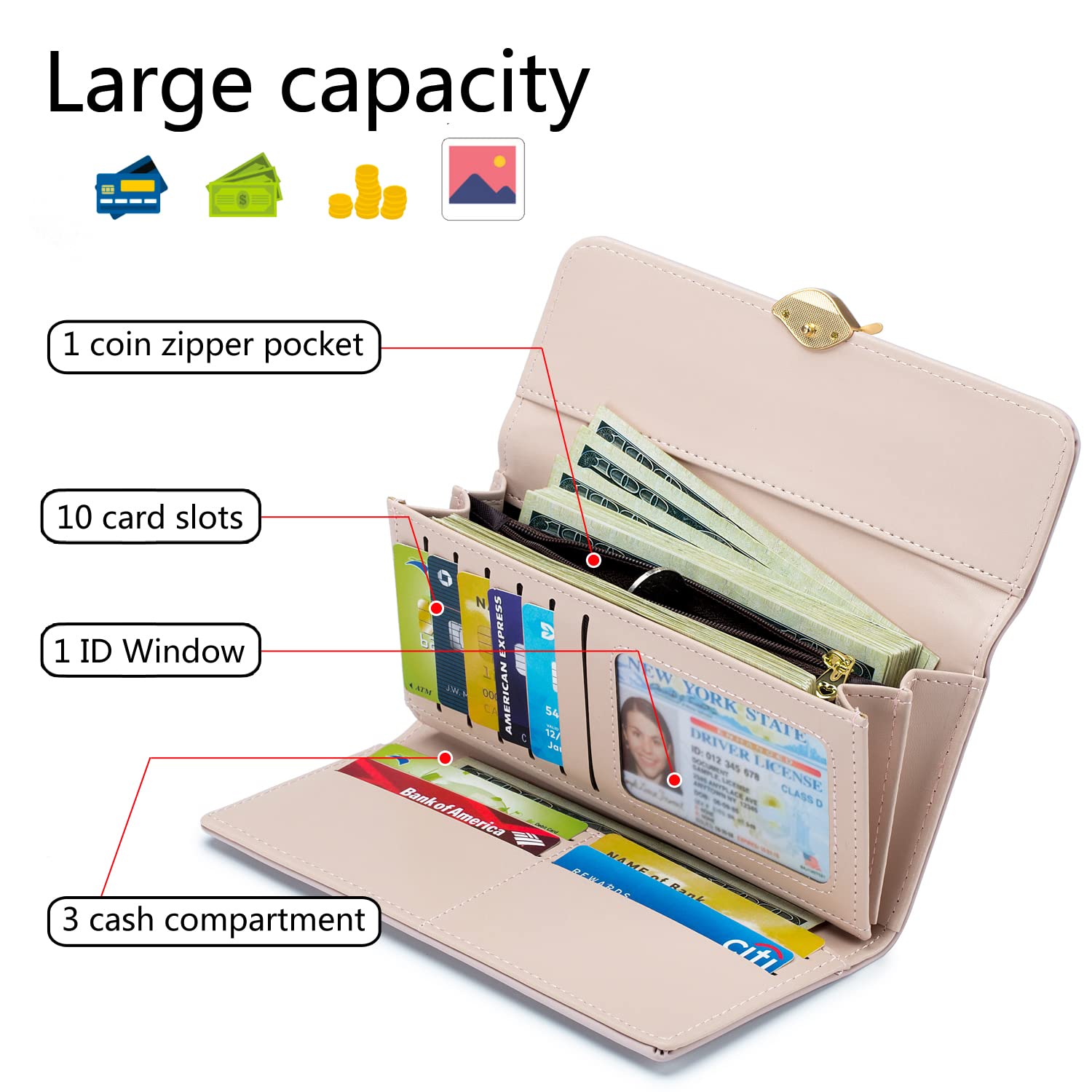 RFID Blocking Women's Wallet - PU Leather Leaf Pendant Card Holder with Zipper Coin Purse | Phone & Checkbook Organizer | Perfect for Travel, Shopping and Everyday Use