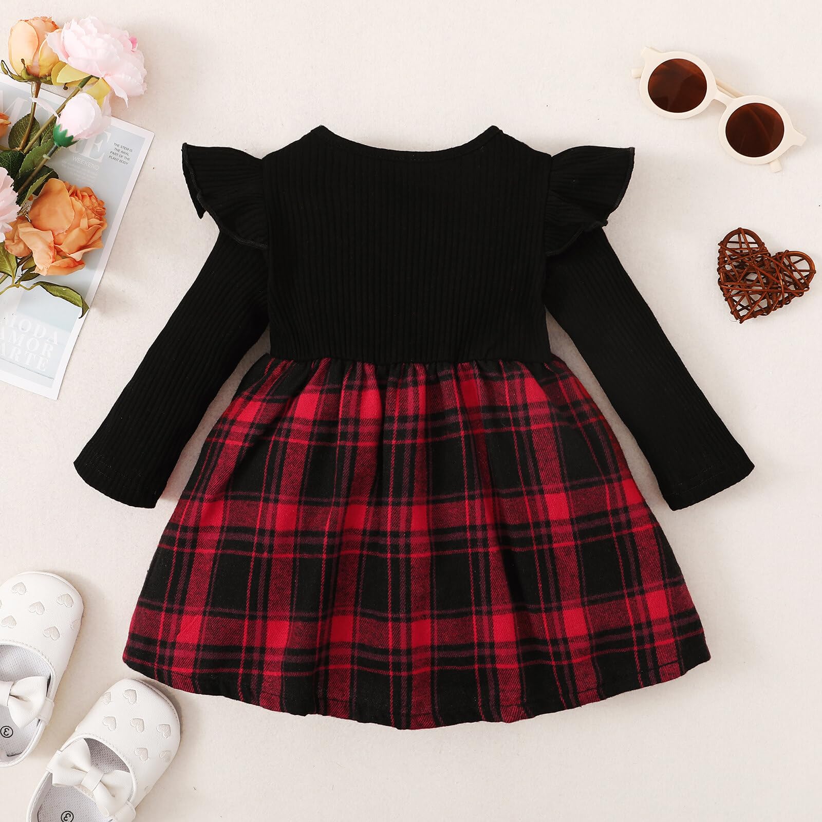 Puseky Baby Girl Long Sleeve Plaid Dress with Ruffles & Bowknot Strap - Cute Spring & Fall Outfit for Photoshoots, Parties & Daily Wear