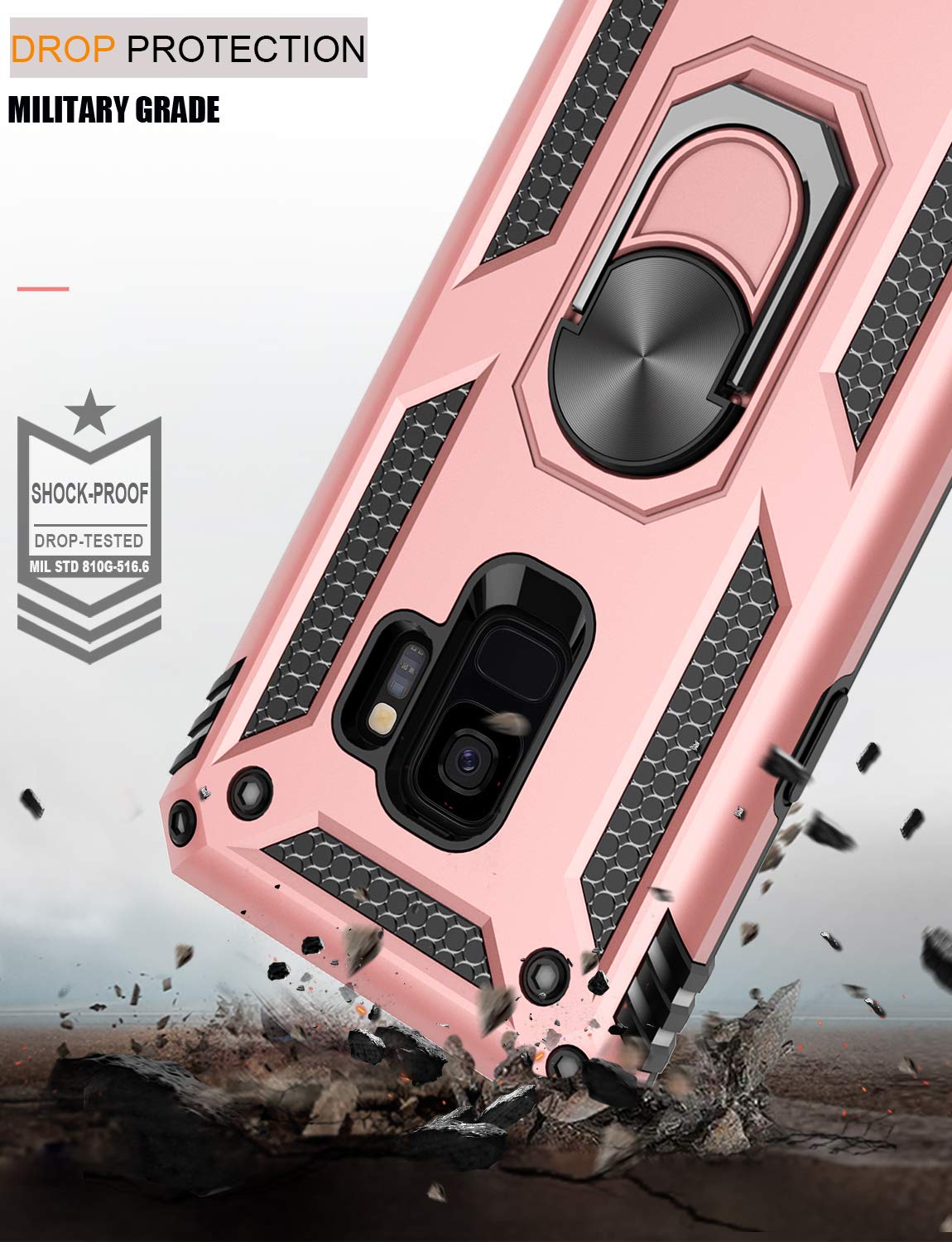 LUMARKE Galaxy S9 Case with Magnetic Ring Kickstand - 16ft Drop Tested, Military Grade Protection, Rose Gold - Compatible with Car Mount Holder for Secure Hands-Free Use While Driving