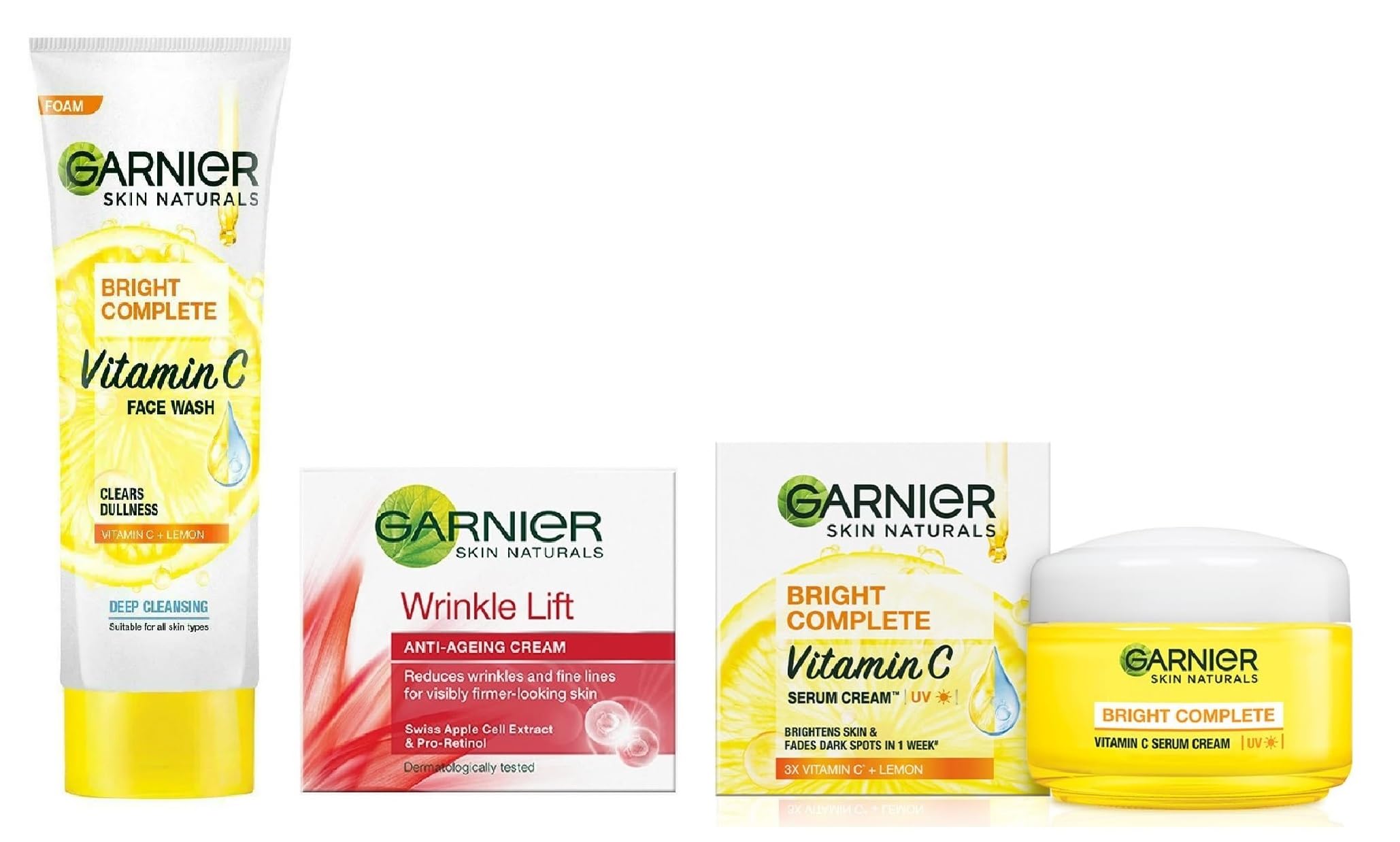 Garnier Skin Naturals Anti-Aging Cream 40g + Bright Complete Vitamin C UV Serum 45g + Foam Face Wash 50g - 3-Piece Skincare Set for Wrinkle Reduction & Brightening | Day & Night Moisturizing Routine