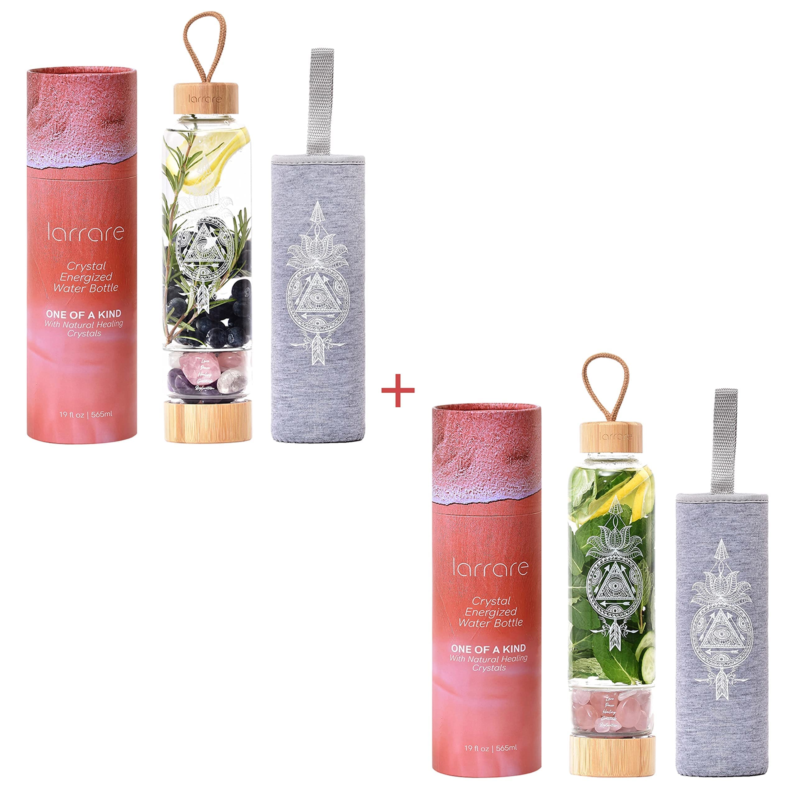 Premium Set of 2 Crystal Infused Water Bottles 19oz - Amethyst, Rose Quartz & Clear Quartz Gemstone Bottles with Sacred Boho Designs | Reusable Glass Bottle for Yoga, Meditation, Office & Spiritual Healing