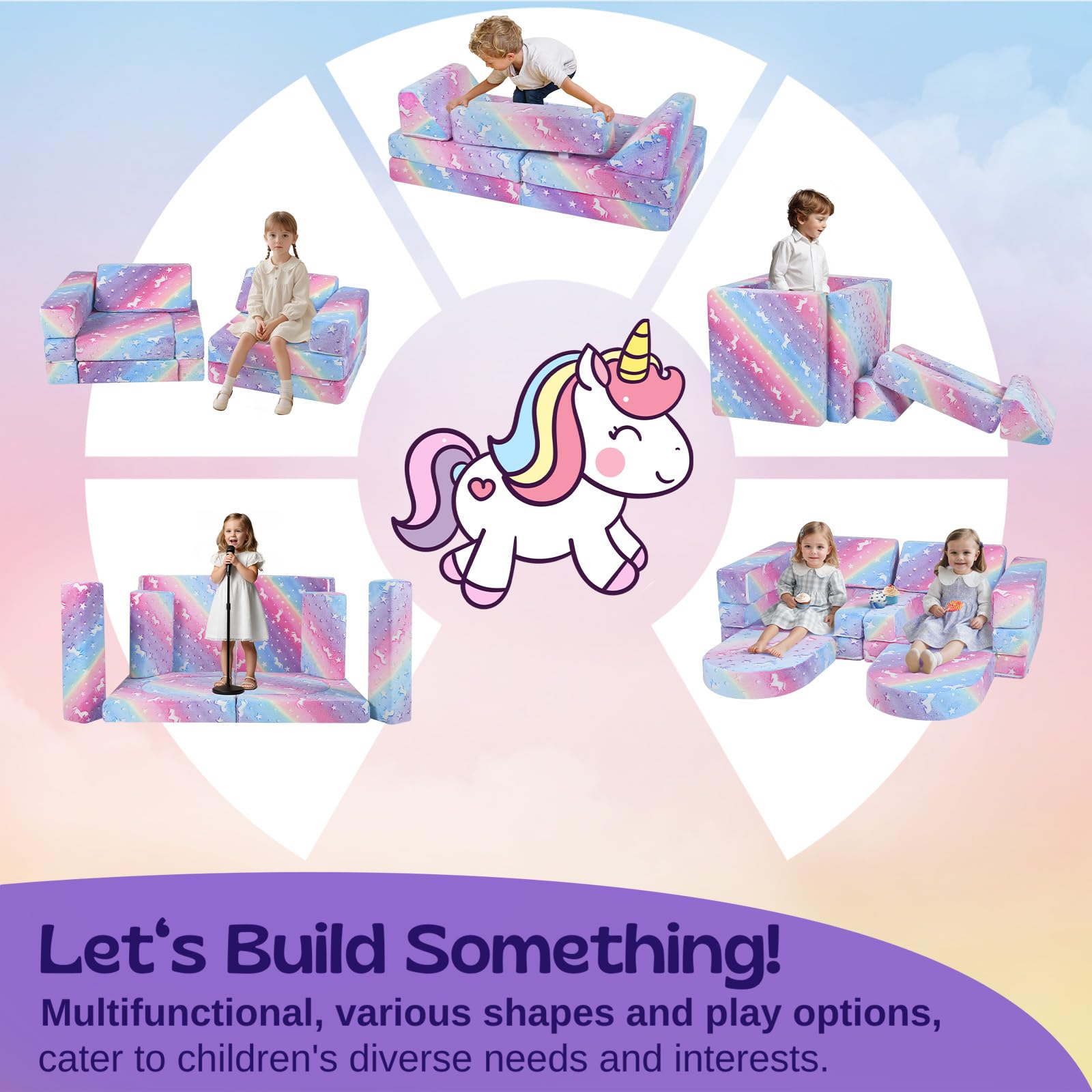 MeMoreCool Toddler Couch - 10-Piece Modular Play Sofa for Kids, Foldable Playroom Furniture for Boys & Girls, Glow-in-the-Dark Rainbow Design - Perfect for Playrooms, Bedrooms & Daycare Centers