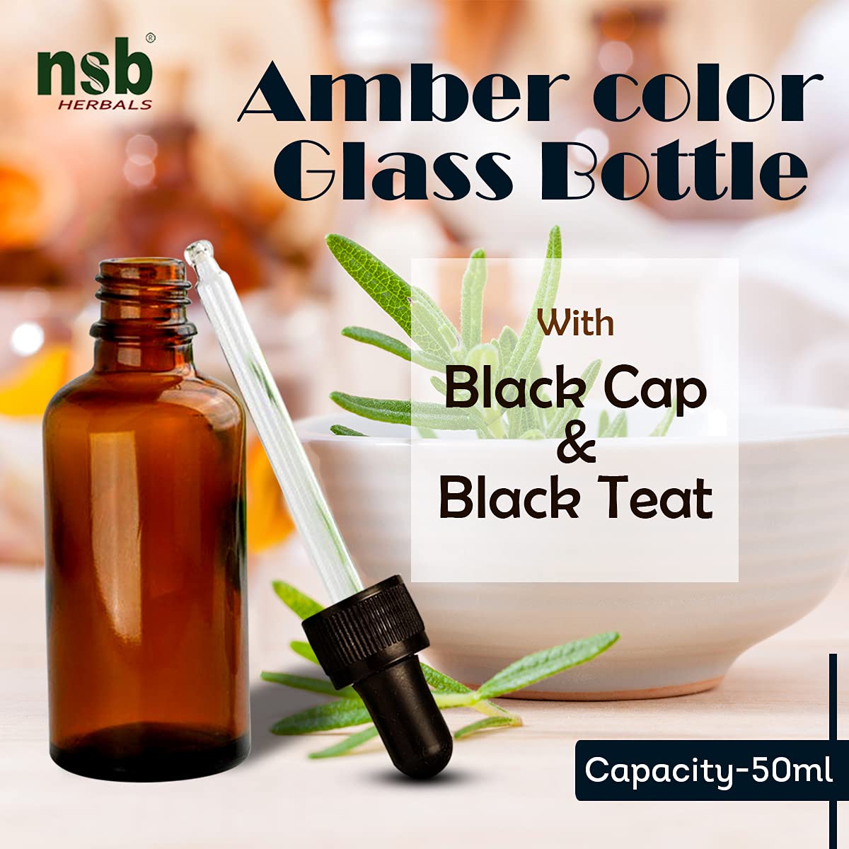 NSB Herbals 50ml Amber Round Empty Glass Bottle with Glass Dropper, Black Ring & Silicone Teat - Leak Proof, Refillable, Reusable for Essential Oils, Perfumes, DIY Blends (Pack of 3) | Perfect for Aromatherapy, Travel & Home Storage