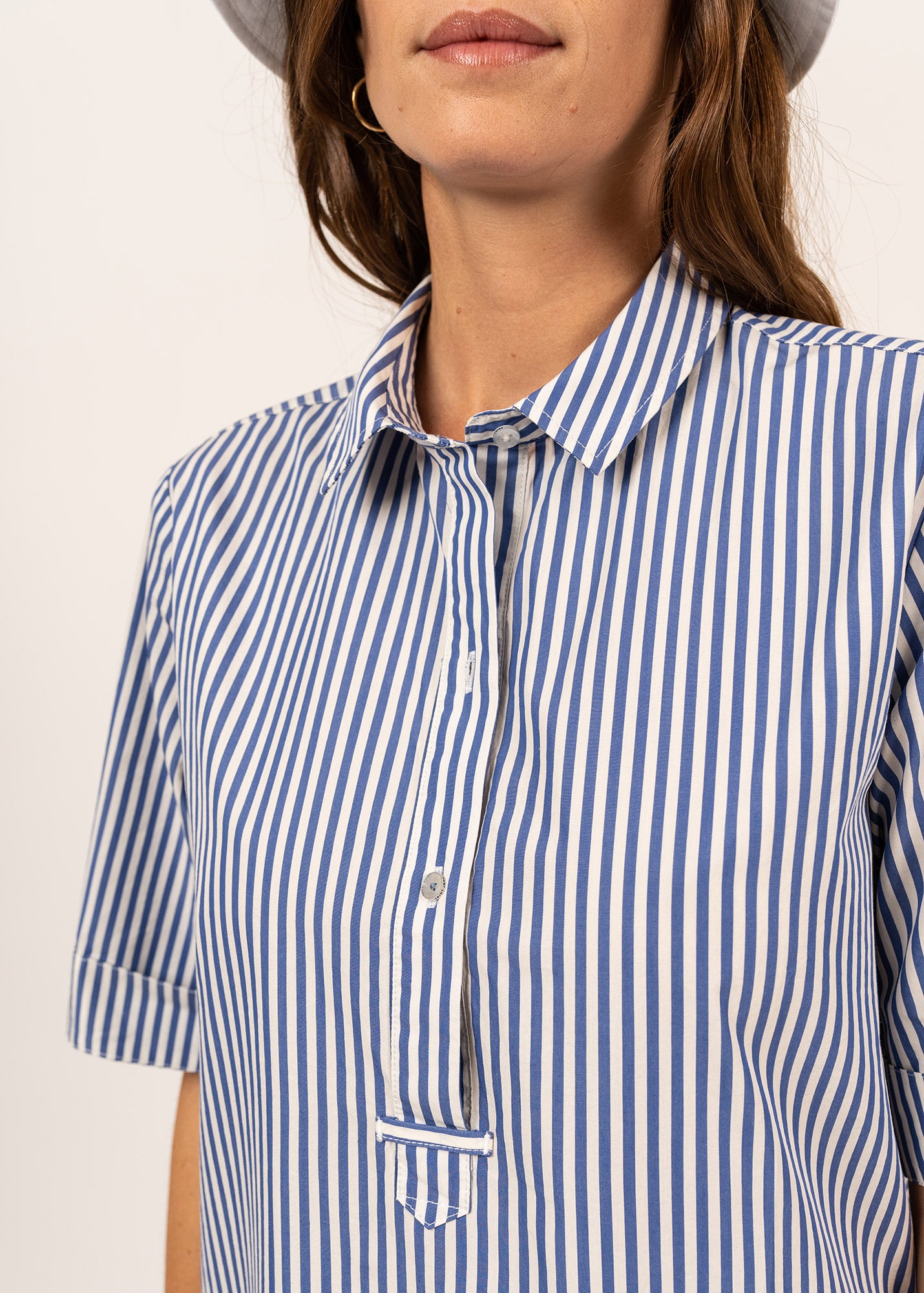 LEONIE Organic Cotton Pinstriped Shirt Dress - White & Blue | Casual Office Wear & Spring Summer Outfit