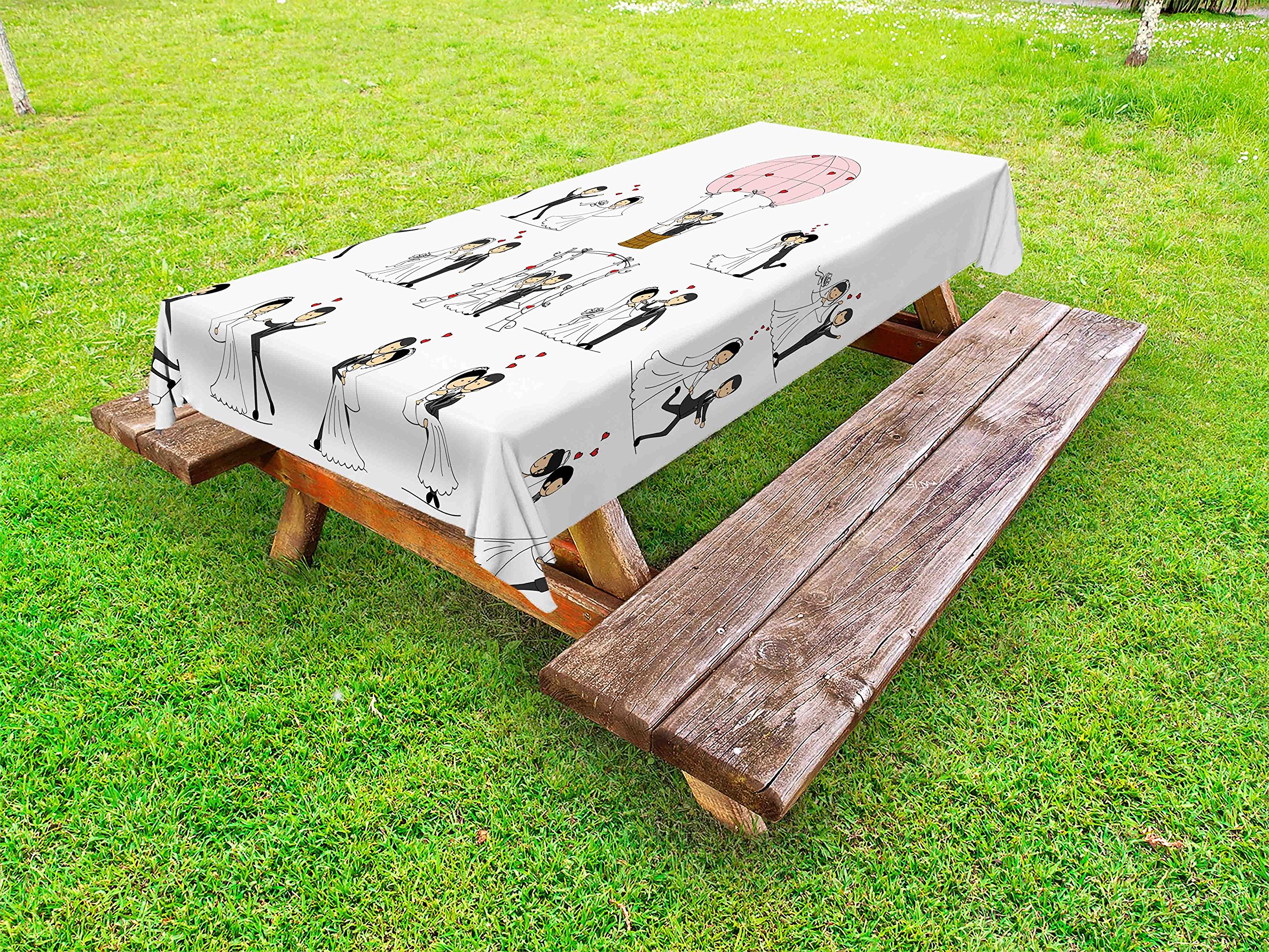 Ambesonne Wedding Tablecloth - Comic Book Style Bride and Groom Design, Washable Outdoor Picnic Table Cover 58x104 Inches, White Black Pink - Perfect for Honeymoon Celebrations, Garden Parties & Romantic Dinners
