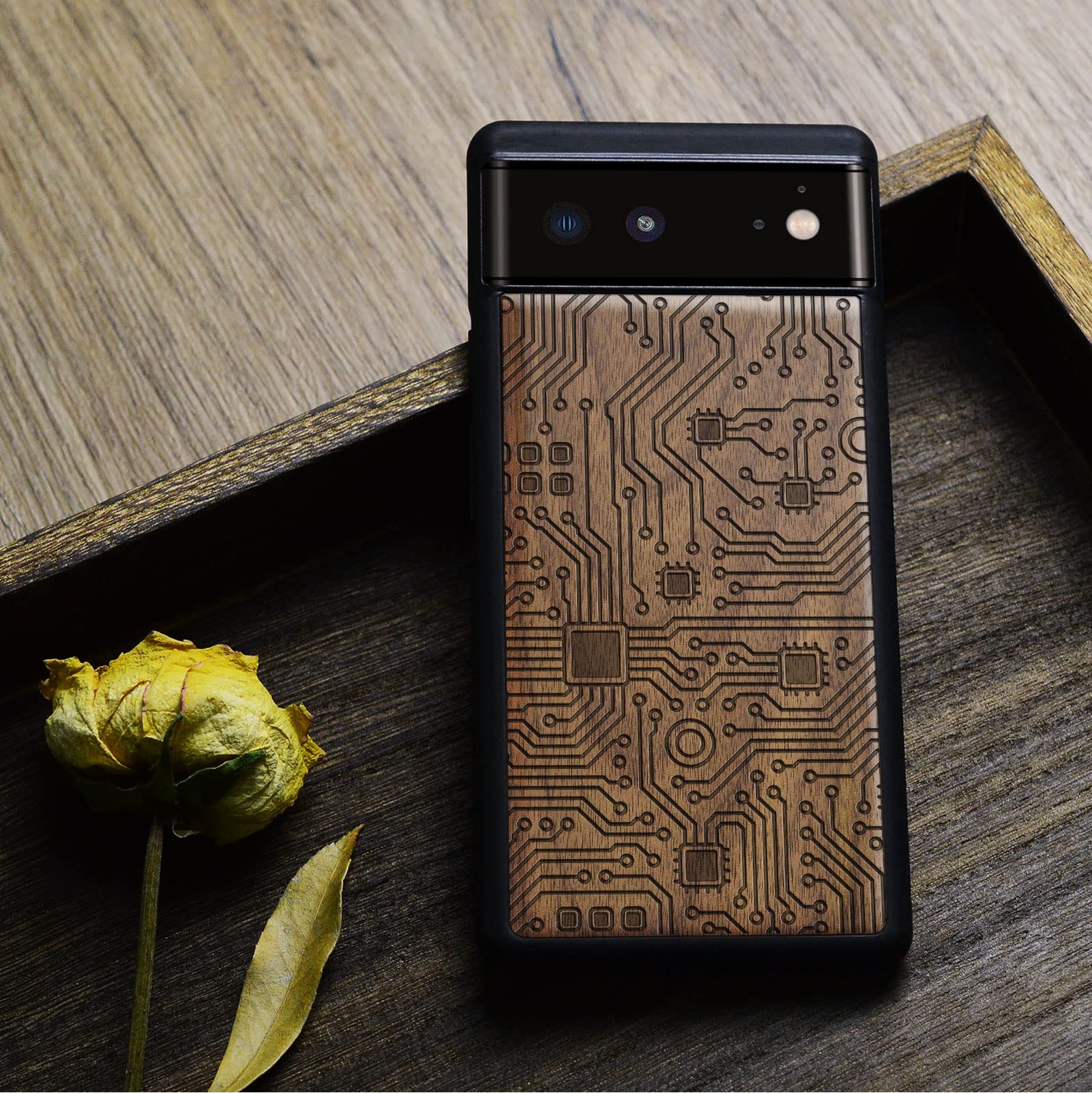 Carveit Wooden Phone Case for Google Pixel 6 (2021) - Natural Walnut Wood & Black TPU Hybrid Shockproof Protective Cover | Slim Durable Design for Everyday Use & Business Professionals