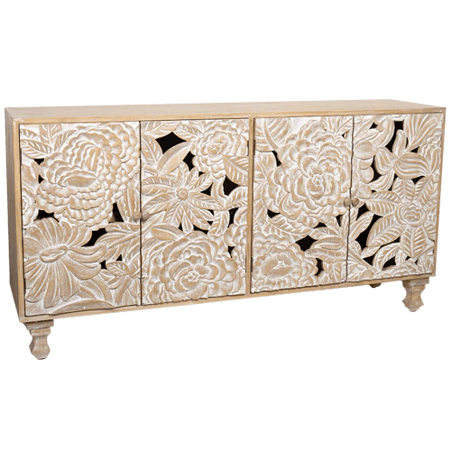 Hand Carved Large Floral Wood Sideboard Cabinet - Rustic Farmhouse Buffet Storage for Dining Room & Living Room