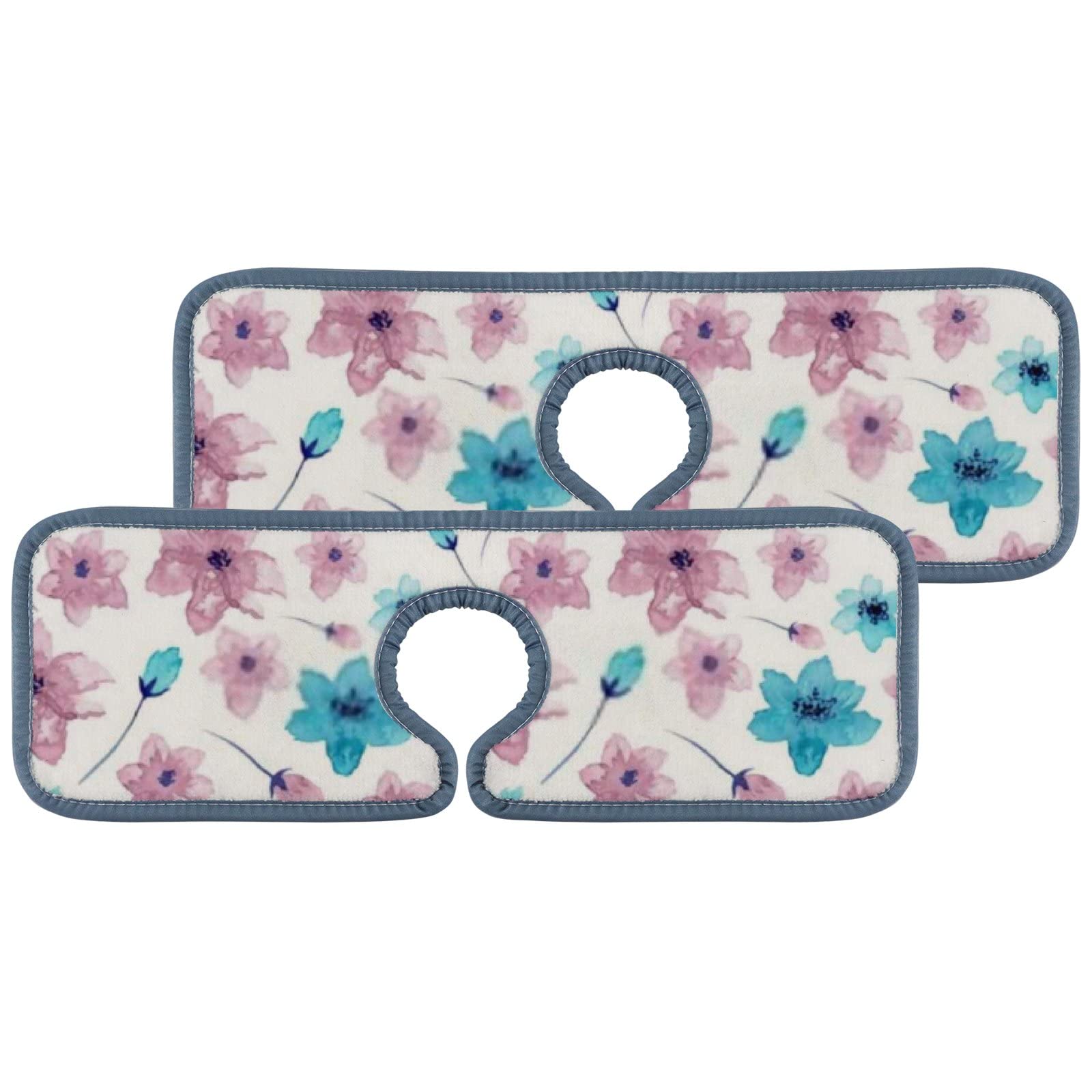 Watercolor Blue and Pink Flowers Sink Faucet Mats - 4 Pack Absorbent Splash Guard Pads for Kitchen, Bathroom, RV Countertops - Protects from Water Stains and Splashes (Ideal for Cooking, Washing Dishes & Handwashing)