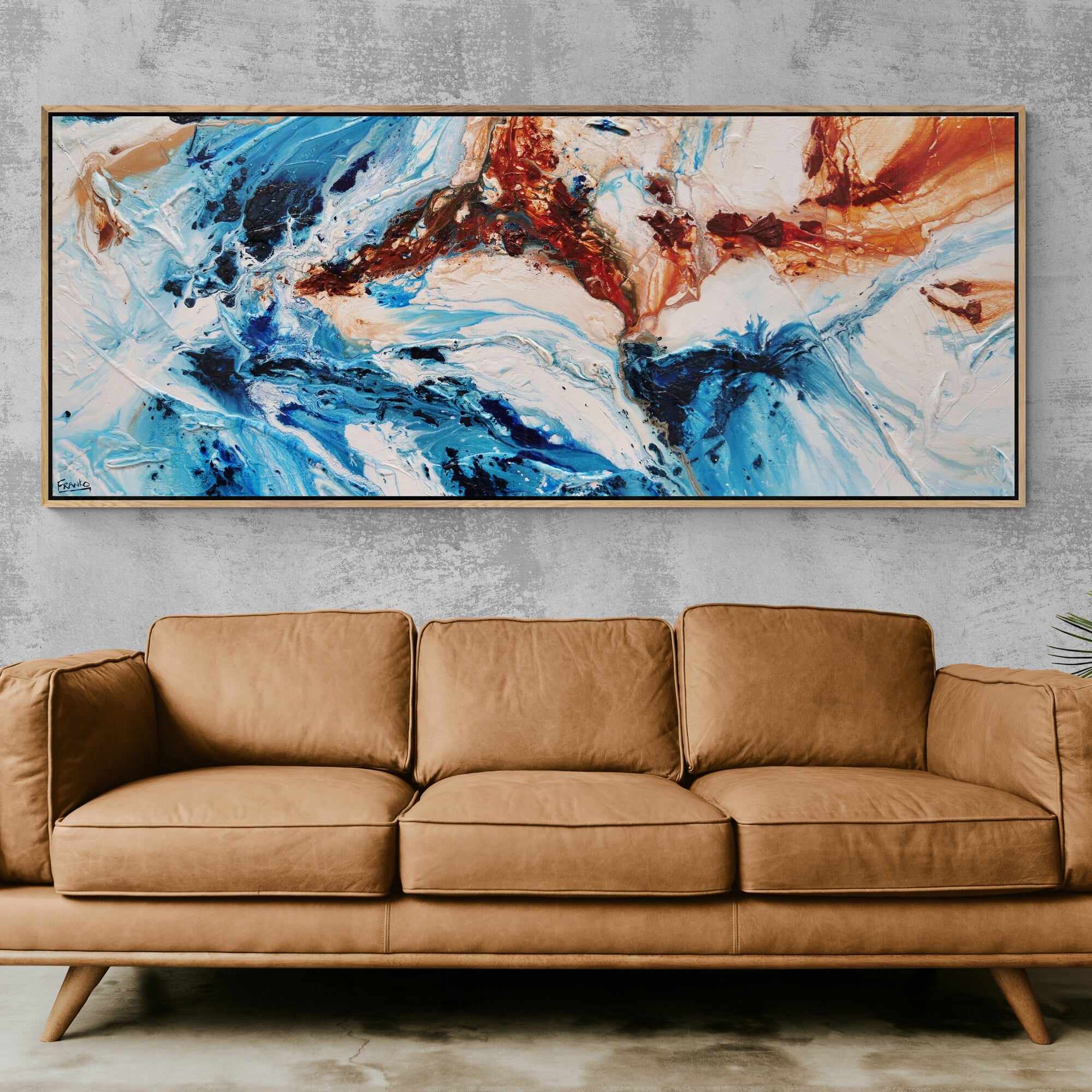 Blue Oxide White Textured Abstract Canvas Painting 200x80cm - Modern Wall Art for Living Room, Bedroom & Office Decor