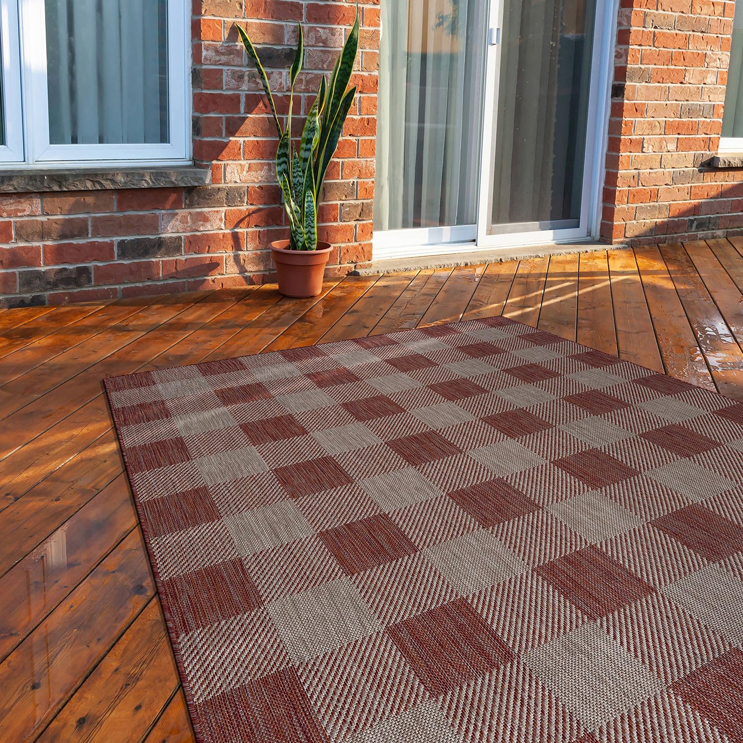Modern Washable Outdoor Rug - 6x9 Buffalo Print Area Rug for Patio, Kitchen, Hallway - Indoor/Outdoor Durable Floor Mat (Copper/Grey) - Perfect for Backyard, Deck, Porch & High-Traffic Areas