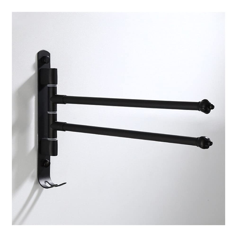 Black Swivel Towel Bar for Bathroom - 2 Bars, Wall Mounted Aluminum Rack with Hooks - Perfect for Small Spaces