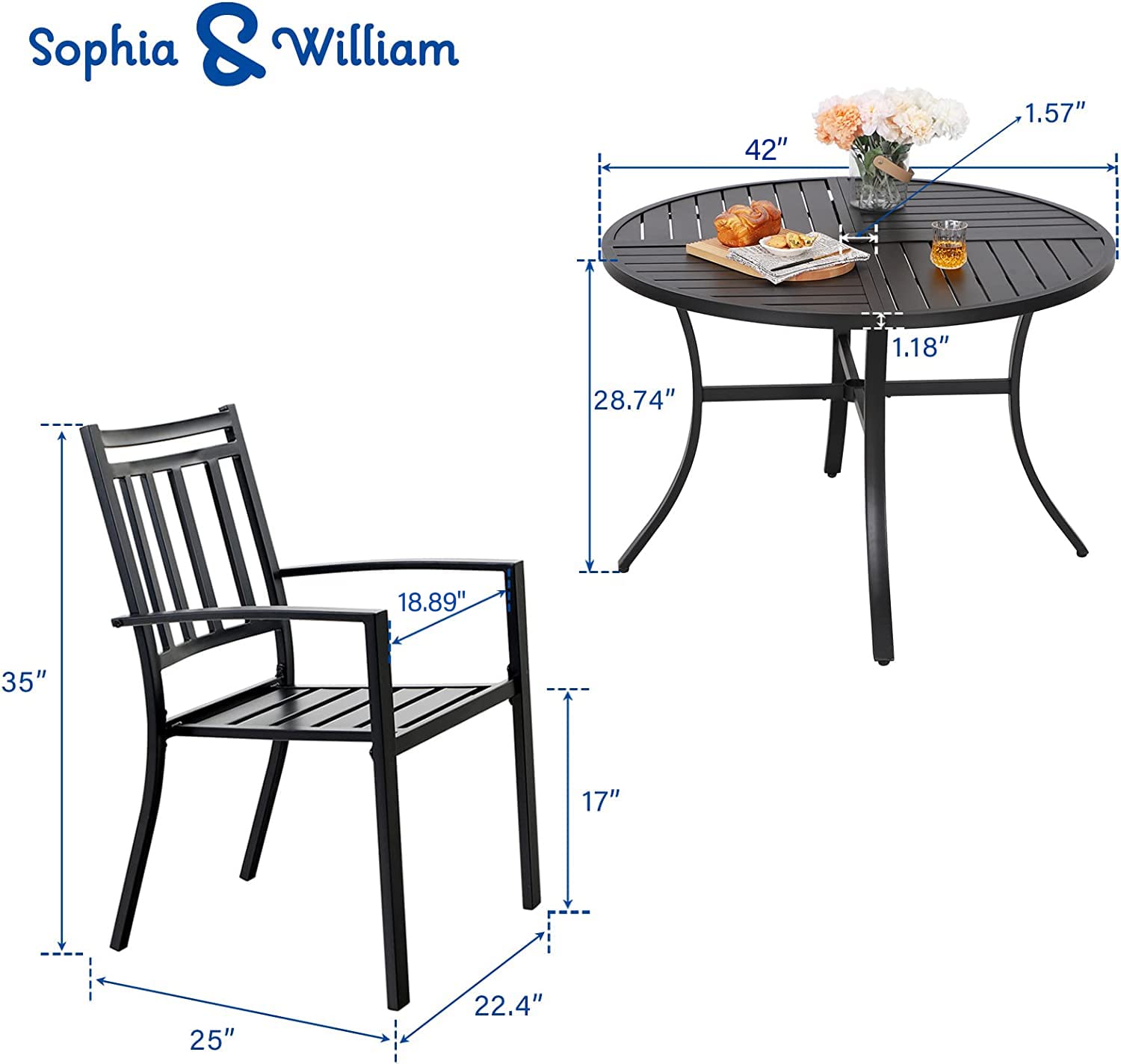 Sophia & William 5-Piece Outdoor Patio Dining Set - 4 Metal Chairs & 42