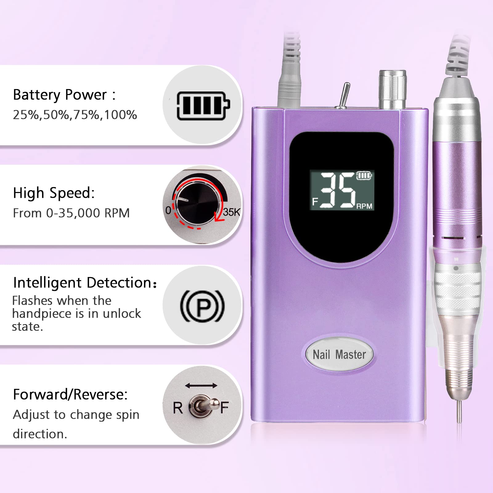 HoMove 35000RPM Professional Cordless Nail Drill Machine - Rechargeable Electric Efile for Acrylic & Gel Nails, Portable Manicure Pedicure Tool with LED Light (Purple) | Perfect for Salon Professionals & Home Nail Care