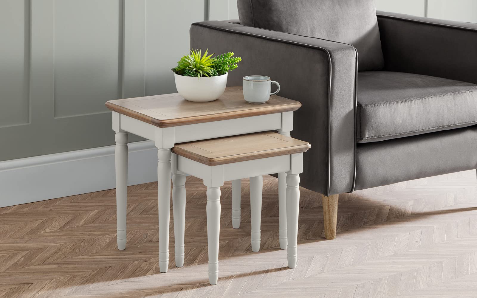 Provence Nest of Tables - Set of 3 Grey & Limed Oak Side Tables | Modern Living Room, Bedroom, or Office Furniture | Space-Saving End Tables with Storage