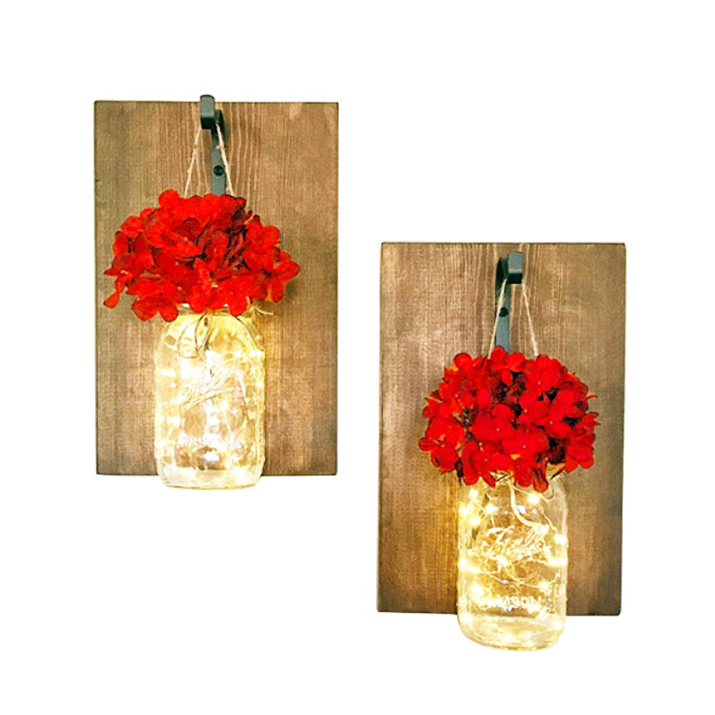 Vintage Mason Jar Sconces with Warm White LED Fairy Lights & Red Silk Hydrangea Flowers - Romantic Battery-Powered Wall Decor for Bedroom, Bathroom, Living Room - Perfect for Farmhouse, Wedding, and Cozy Home Ambiance