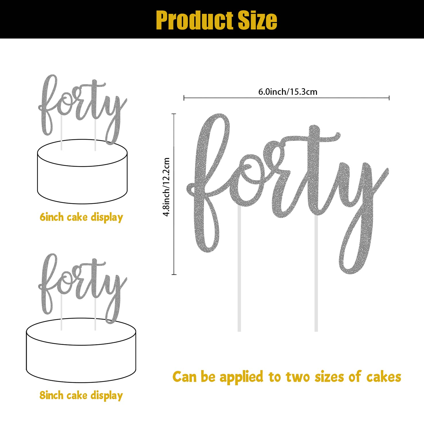 40th Birthday Cake Topper - Silver Glitter 'Forty' Cake Decor for Anniversary & Birthday Party (6 Inch) - Perfect for Milestone Celebrations, Cake Decorating, and Special Occasion Party Supplies