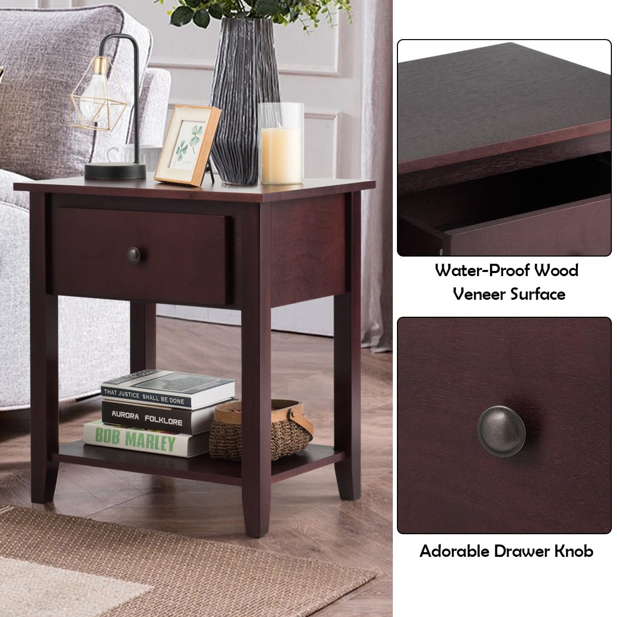 Tangkula End Table with Drawer - Modern Nightstand with Storage Shelf | Bedside Table for Bedroom, Living Room & Office | Perfect as Sofa Side Table, Accent Table with Open Shelf for Books & Decor