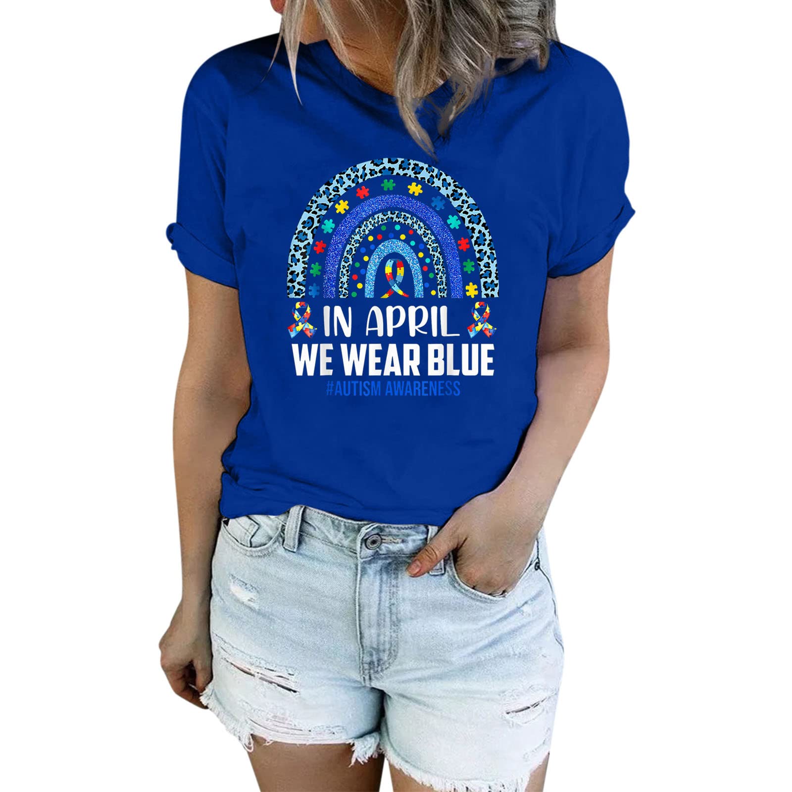Funny Rainbow Puzzle Graphic Tee - Women's Cute Blue T-Shirt with Letter Print, Loose Crewneck Summer Top | Casual Wear, Weekend Outfits, Gift Ideas