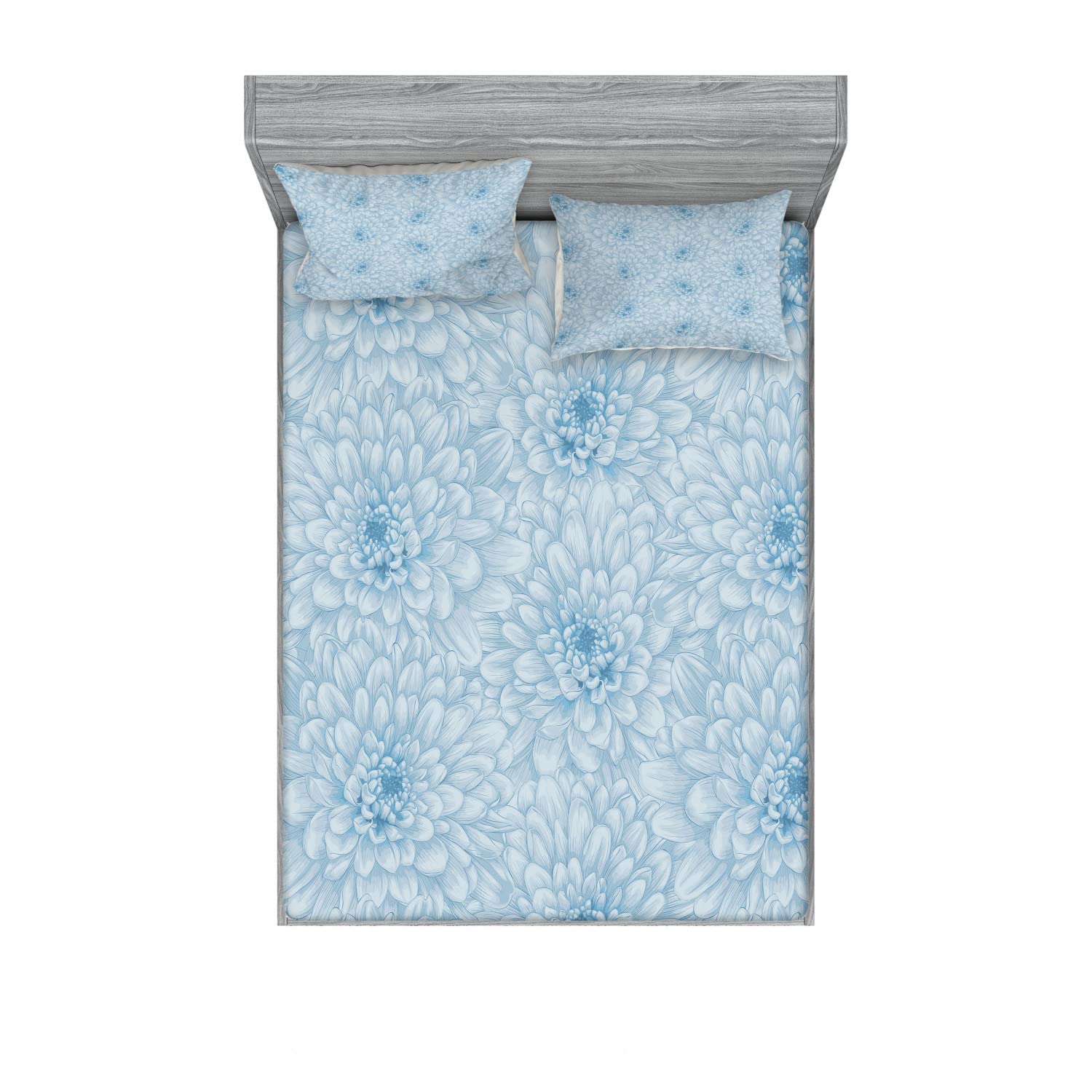 Ambesonne Blue 2-Piece Queen Size Fitted Sheet Set with 4 Pillow Shams - Blooming Romance Floral Design Bedding Collection | Soft & Breathable for Comfortable Sleep | Perfect for Master Bedroom, Guest Room & Vacation Homes