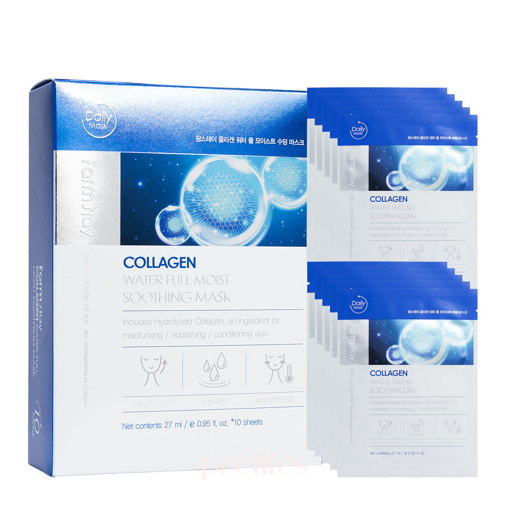 Farmstay Collagen Water Full Moist Soothing Face Mask - Hydrating & Nourishing Sheet Mask (10 Sheets/Box) for Dry Skin Care & Daily Skincare Routine