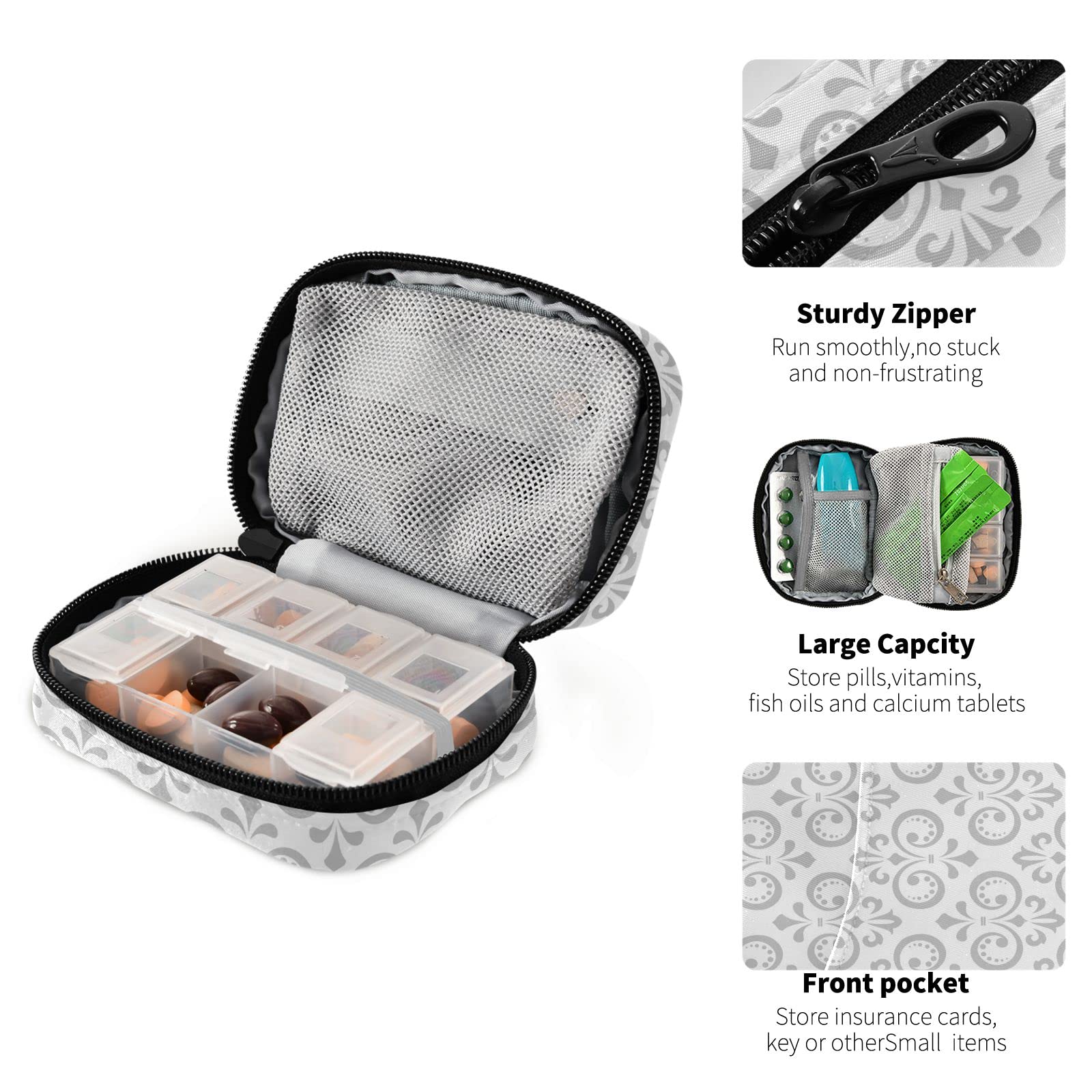 White & Gray Floral 7-Day Pill Organizer - Compact Travel Pill Case with Zipper for Medicine Storage | Perfect for Travel, Family Use & Business Trips | Portable Pill Dispenser for Daily Medication & On-the-Go Lifestyle