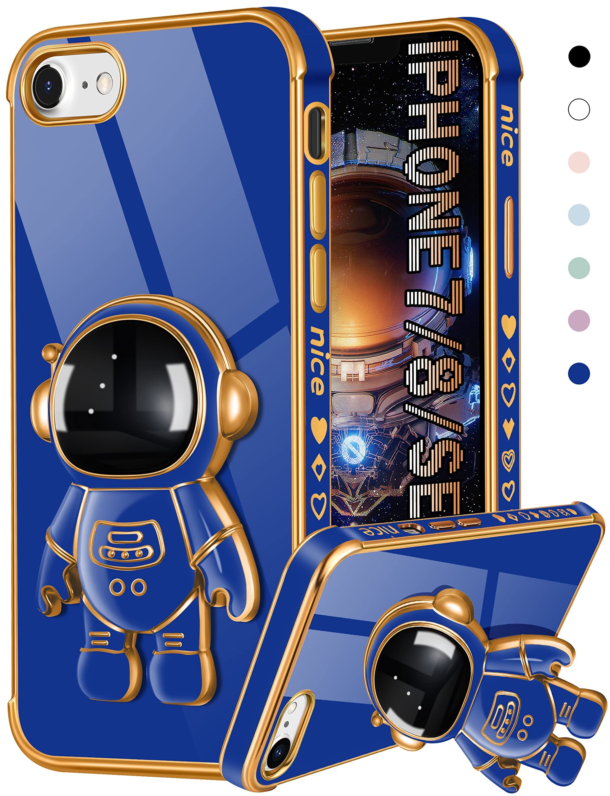 **Cute Astronaut iPhone SE 2022/2020/8/7 Case – 6D Roya Blue Phone Cover with Hidden Kickstand for Women & Girls – Perfect for Work, School & Travel**