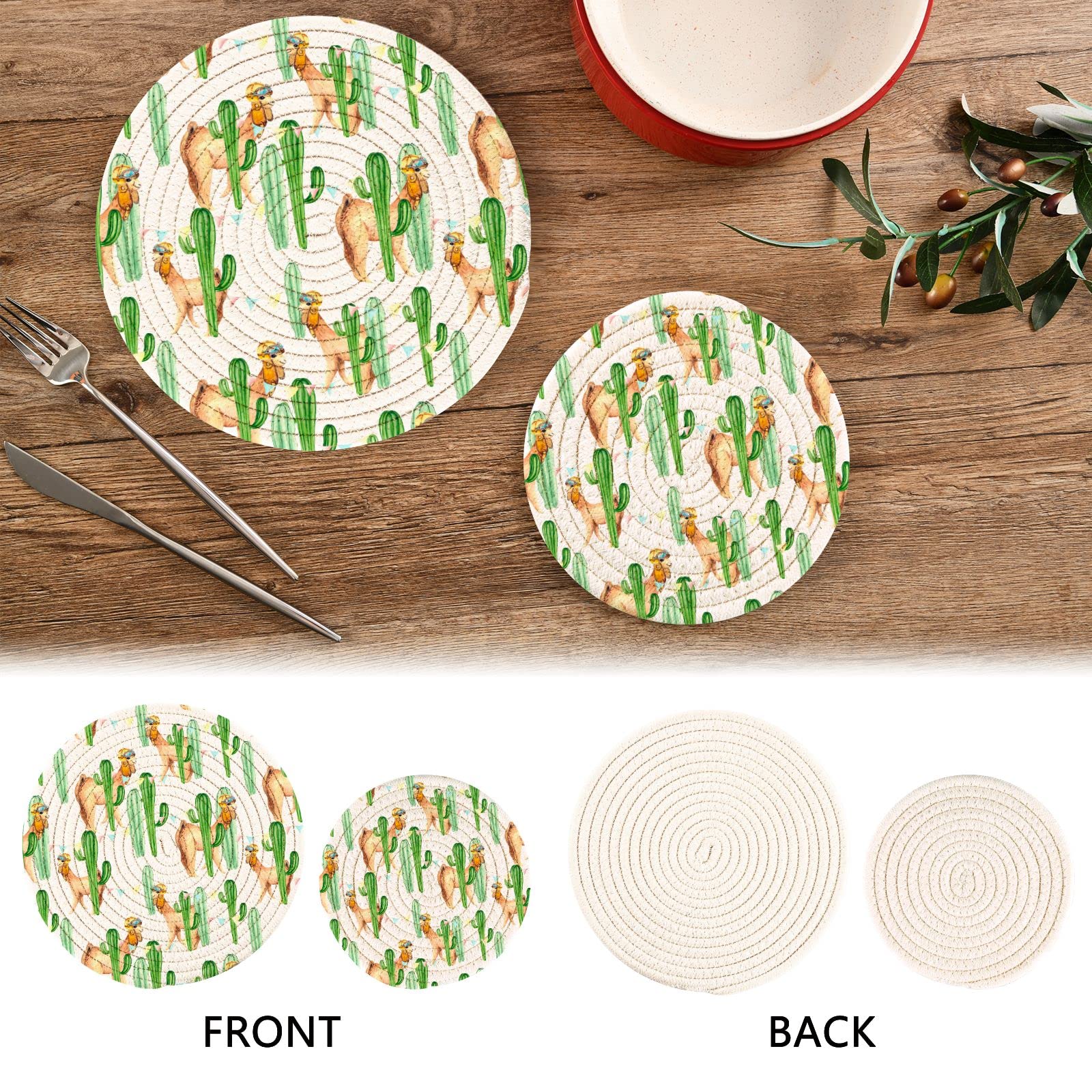 Funny Cartoon Llama & Cactus Pot Holders Set of 2 - Heat Resistant Trivets for Hot Pans, Bowls & Teapots - Cotton Woven Kitchen Decor for Countertops & Dining Tables