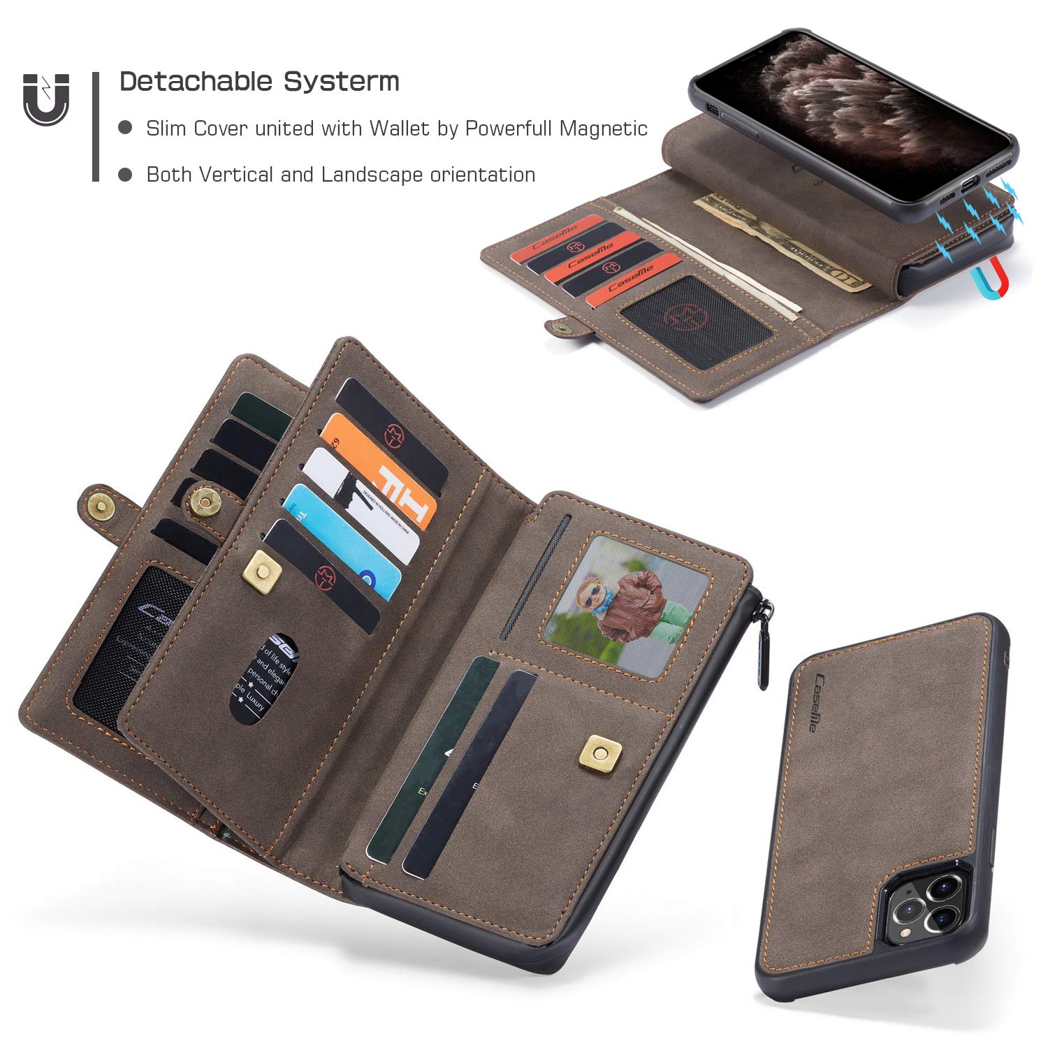 Premium Leather Wallet Case for iPhone 11 Pro Max - Detachable Magnetic Flip Cover with Zipper, 18 Card Slots & Cash Clip | RFID Protection | Wrist Strap Included | Perfect for Everyday Use, Travel & Business (Coffee)