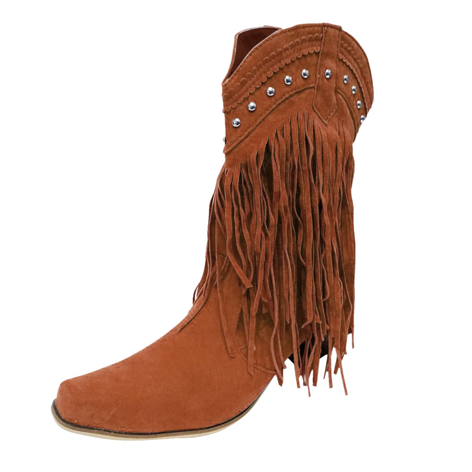 Women's Retro Chunky Heel Mid-Calf Leather Boots with Fringe & Tassel Details - Wide Calf Comfortable Casual Boots (Brown, Size 7.5) | Perfect for Fall Outfits, Boho Style & Everyday Wear