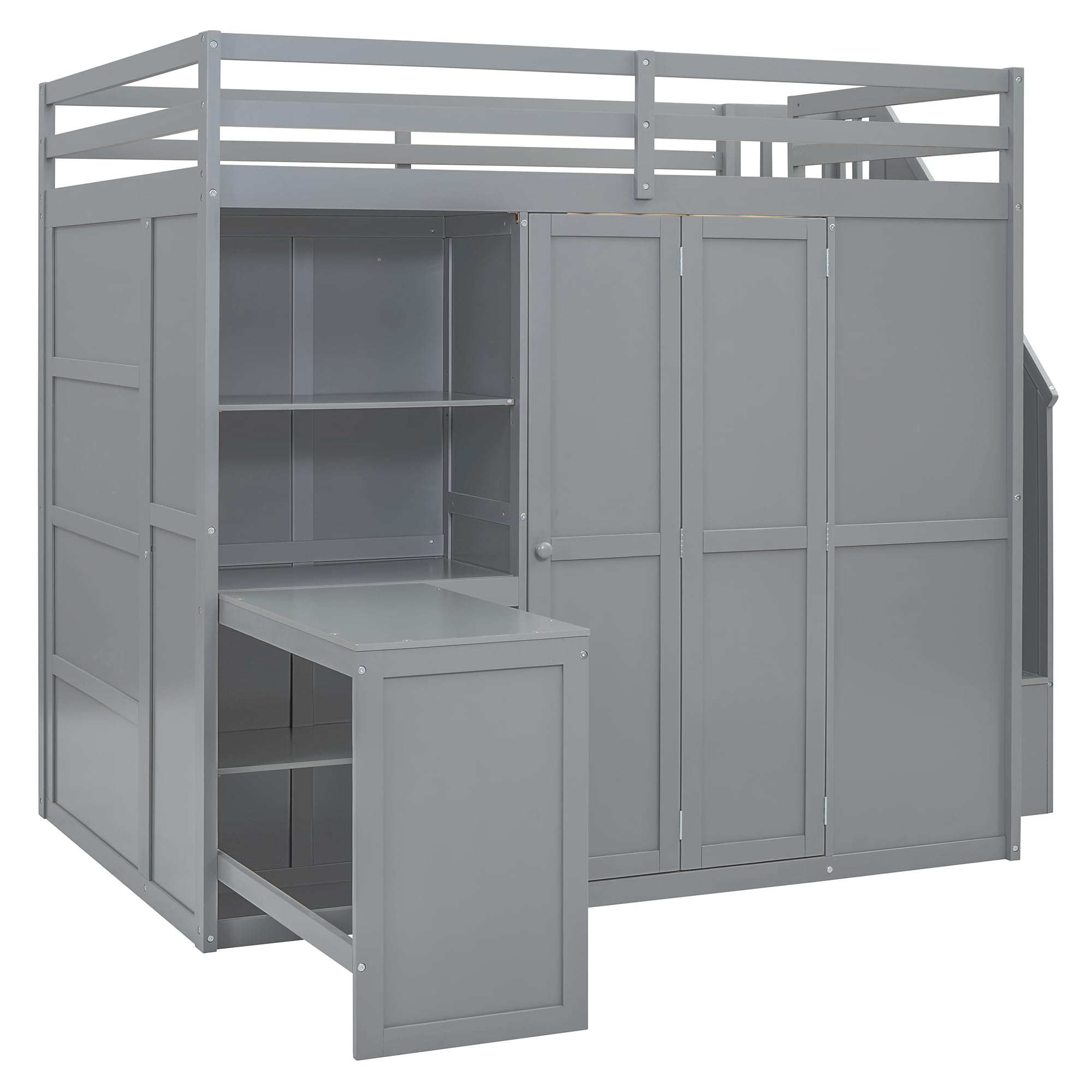 Merax Full Size Loft Bed with Wardrobe, Desk & Shelves - Sturdy Wooden Bunk Bed Frame in Grey - Perfect for Small Spaces, Dorm Rooms & Kids Bedrooms