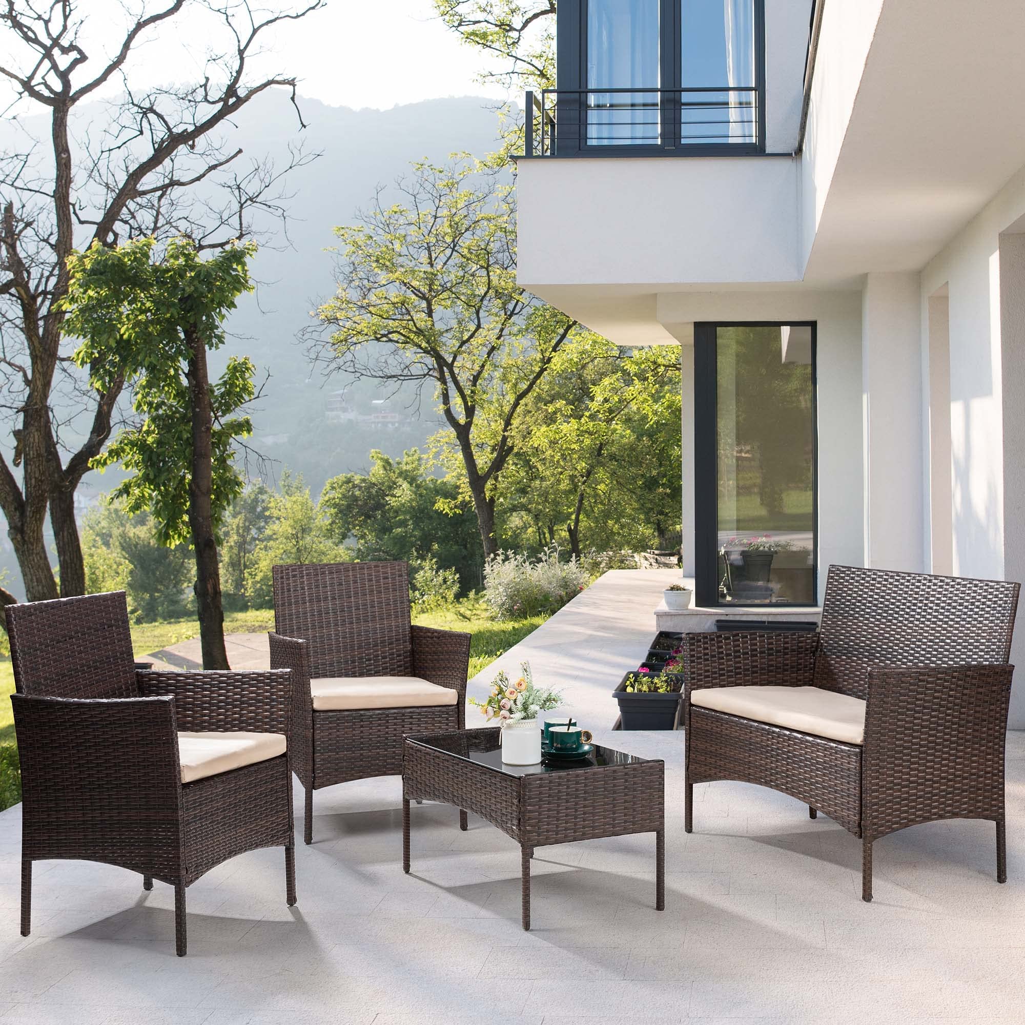 4-Piece Brown Rattan Patio Furniture Set with Wicker Chairs & Glass Coffee Table - Outdoor Conversation Set for Garden, Balcony, Porch, Yard - Perfect for Relaxing, Entertaining & Enjoying Nature