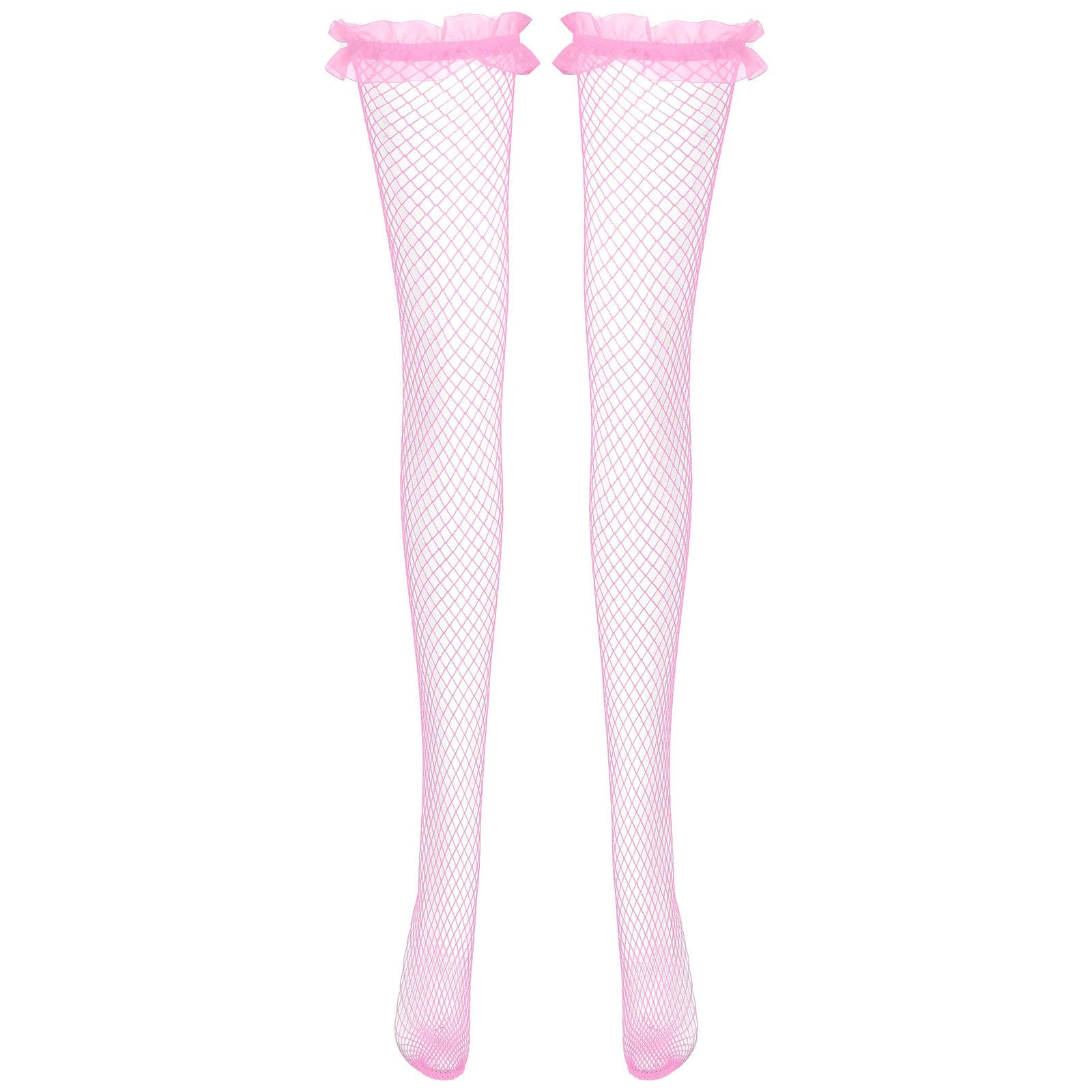 Sexy Cute Ruffle Lace Top Hollow Out Fishnet Thigh High Stockings - Women's See-Through Over Knee Pantyhose Tights for Party, Cosplay & Date Night Outfits