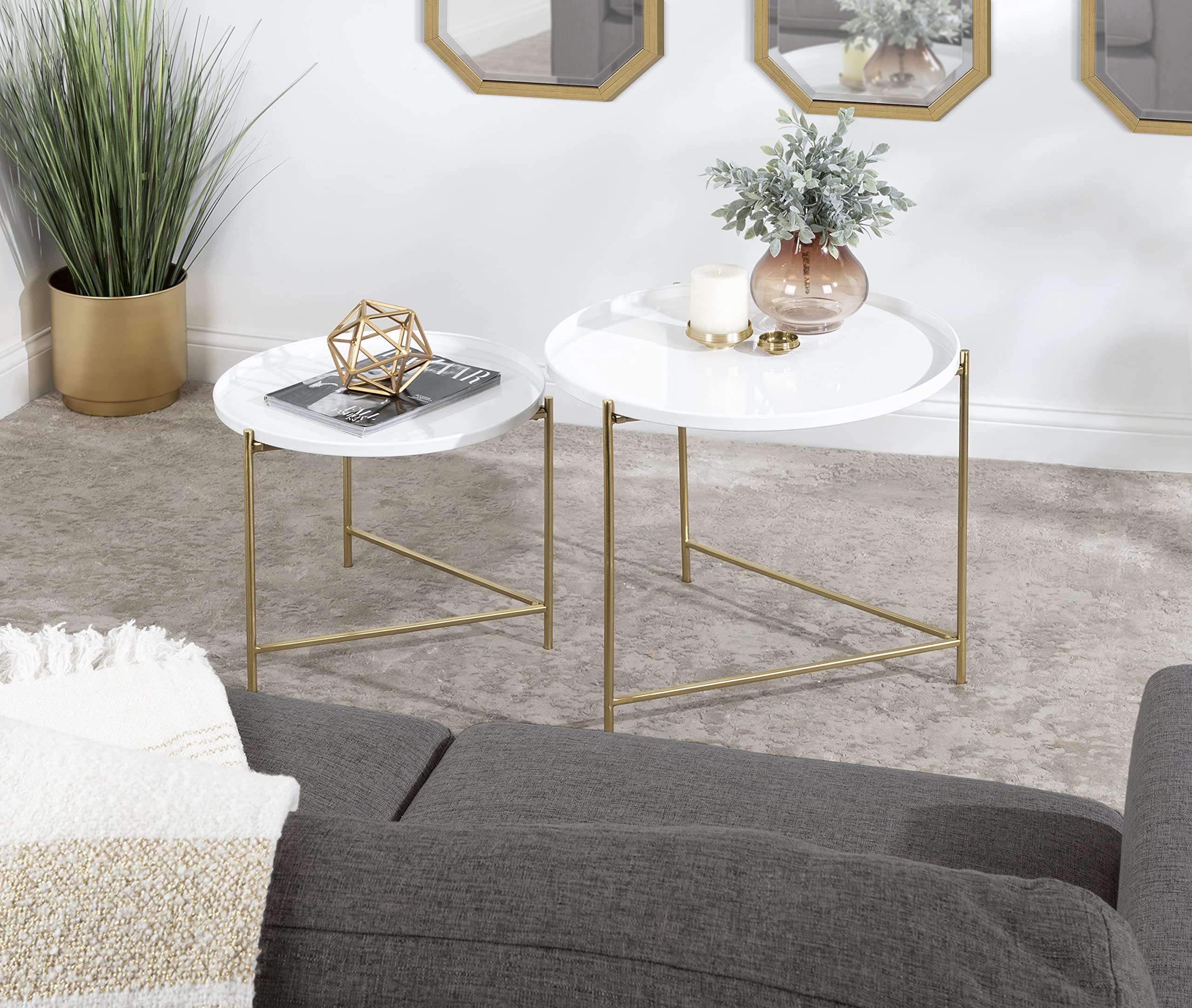 Kate and Laurel Ulani Modern Nesting Coffee Table Set of 2 - White & Gold Glam Storage Display Tables for Living Room, Lounge & Home Decor