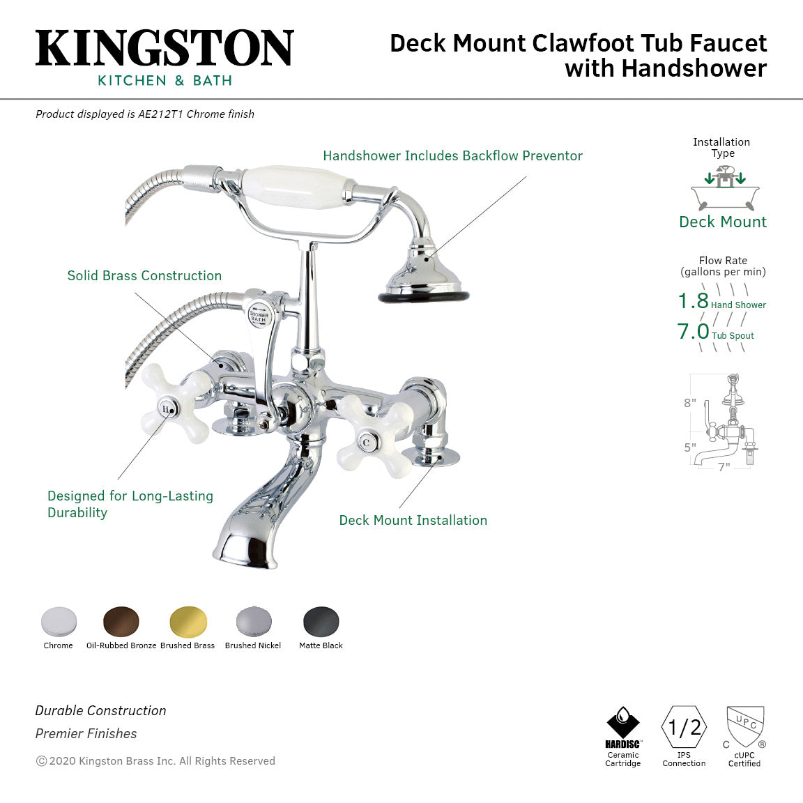 Vintage Style 3-Handle 2-Hole Deck Mount Clawfoot Bathtub Faucet with Hand Shower in Polished Chrome - Perfect for Antique Bathroom Renovations and Luxury Spa Retreats