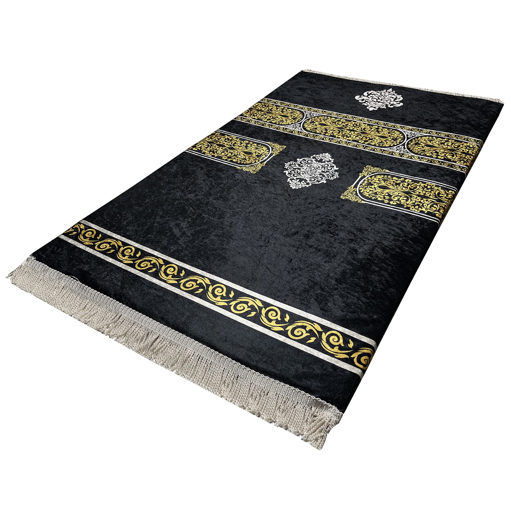 Premium Turkish Islamic Prayer Rug - Thick Padded Comfortable Muslim Prayer Mat for Men & Women | Large Luxury Foam Velvet with Meccan Digital Print in Black & Gold | Perfect for Home, Mosque & Travel Use