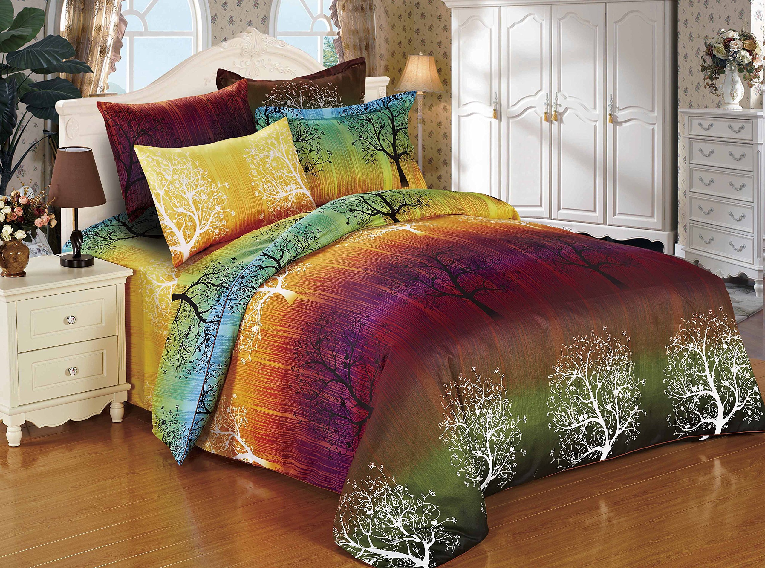 4-Piece Rainbow Tree Duvet Cover Set - Queen Size Bedding Set with Duvet Cover, Fitted Sheet & 2 Pillowcases | Vibrant Boho Chic Bedroom Decor for Teens, Kids Rooms & Guest Bedrooms