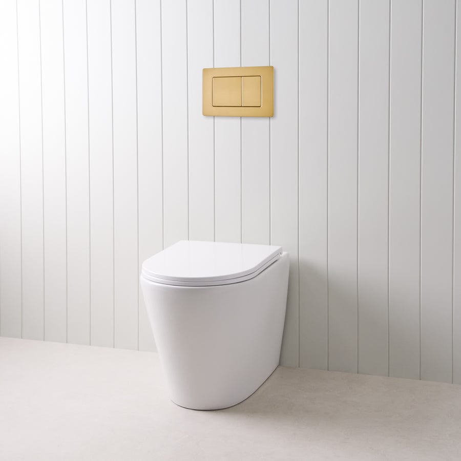 Angled In-Wall Toilet with Rectangle Brushed Brass Buttons - Modern Space-Saving Bathroom Solution for Small Spaces & Luxury Homes