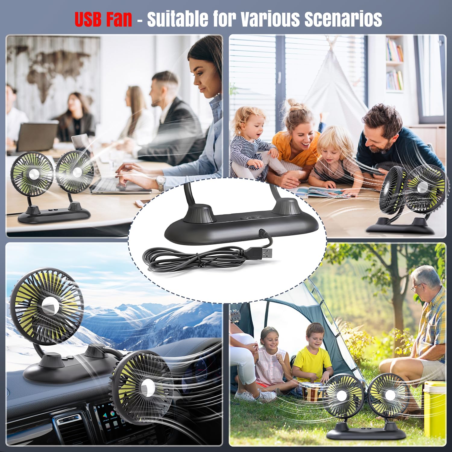 USB Car Fan with 3 Speed Settings & 360° Rotation - Dual Head Portable Auto Fan for Dashboard - Strong Cooling for SUV, Truck, RV, Boat, Van, Sedan - Perfect for Home, Office & Travel Use