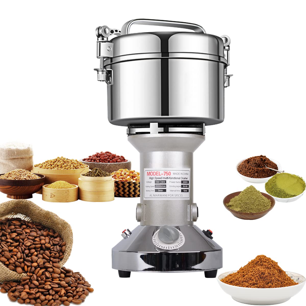 750g High-Speed Electric Grain Mill Grinder - Stainless Steel Flour Pulverizer for Cereals, Corn, Coffee, Rice & Spices | Perfect for Home Baking, Coffee Grinding & Herbal Powder Preparation